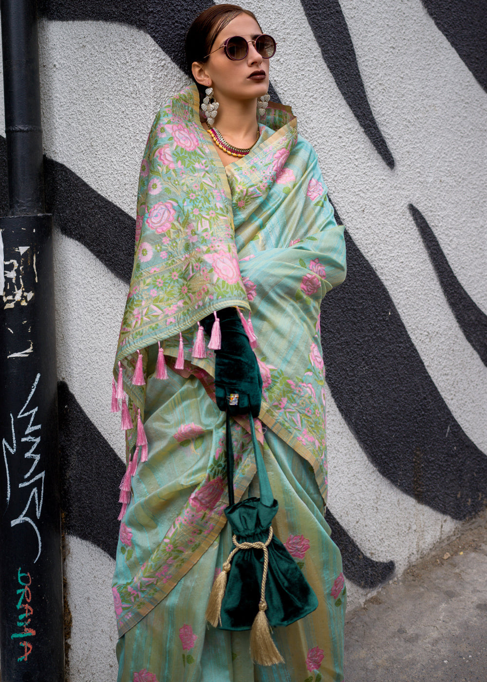 Sky Blue Banarasi Silk Saree with Zari Kashmiri Weaving  & Unstitched Blouse