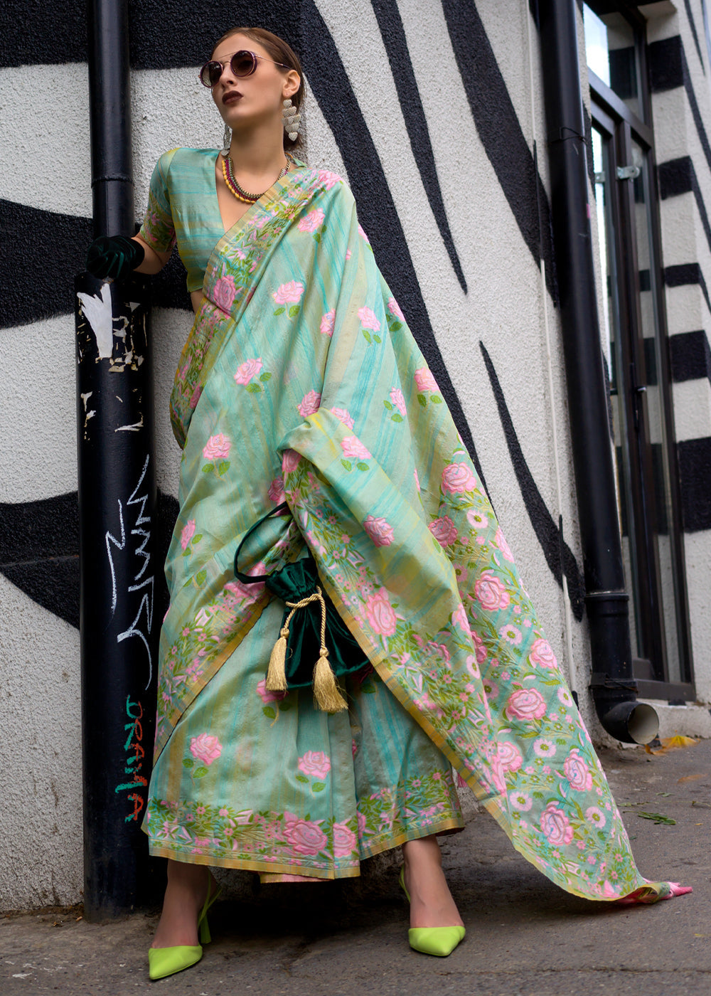 Sky Blue Banarasi Silk Saree with Zari Kashmiri Weaving  & Unstitched Blouse