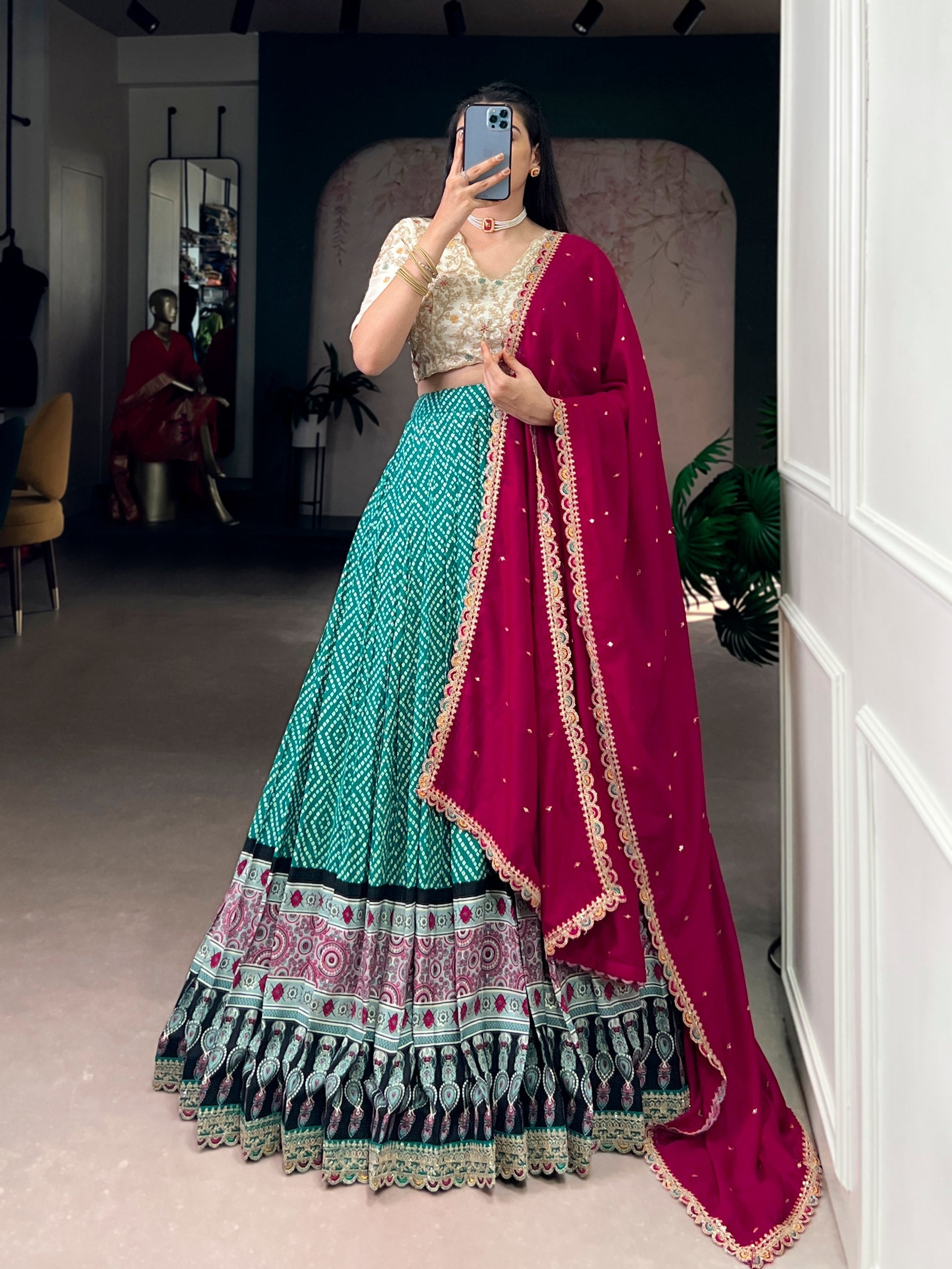 Sky Blue Bandhej & Ajrakh Printed Lehenga Choli Set