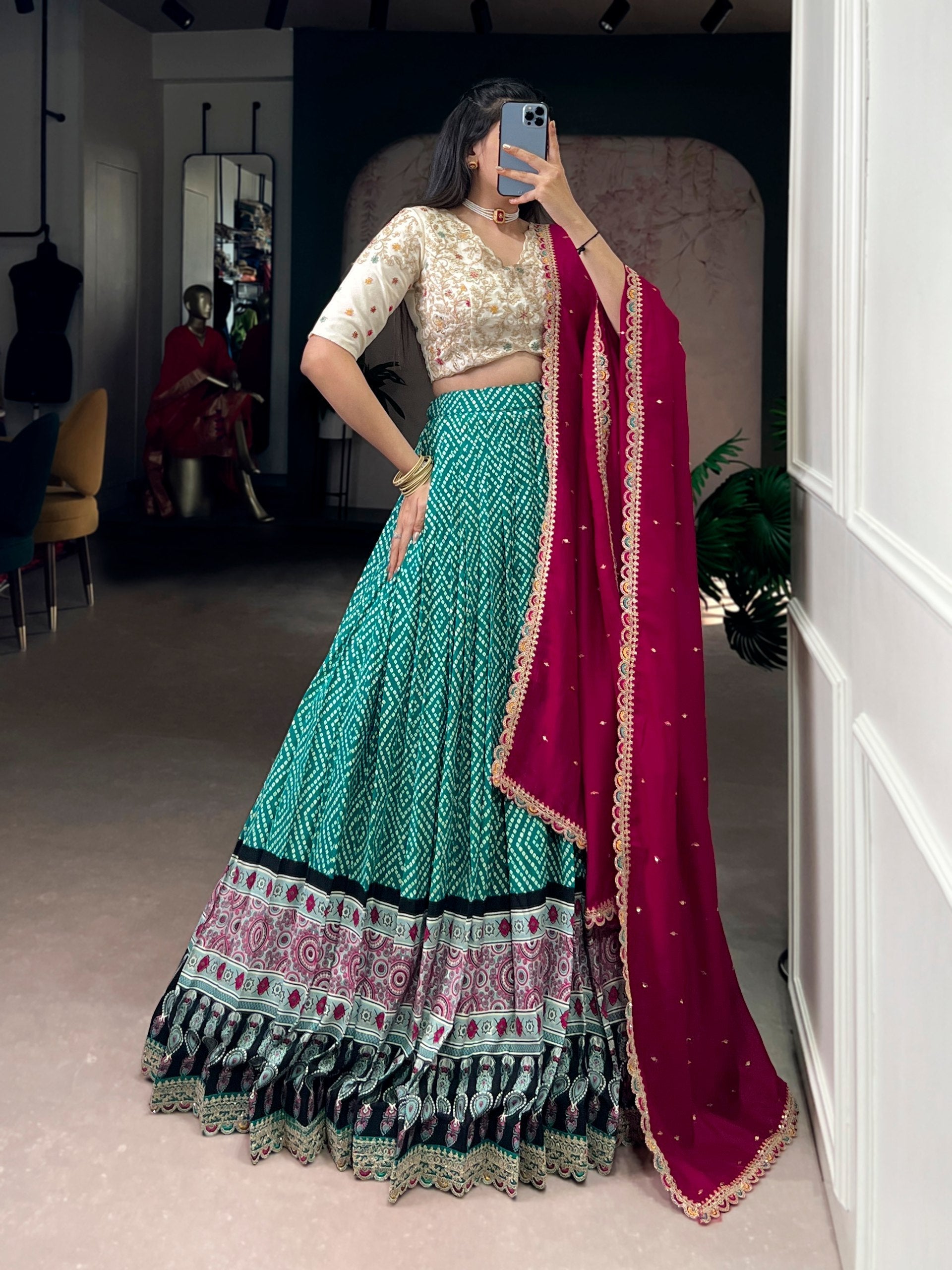 Sky Blue Bandhej & Ajrakh Printed Lehenga Choli Set