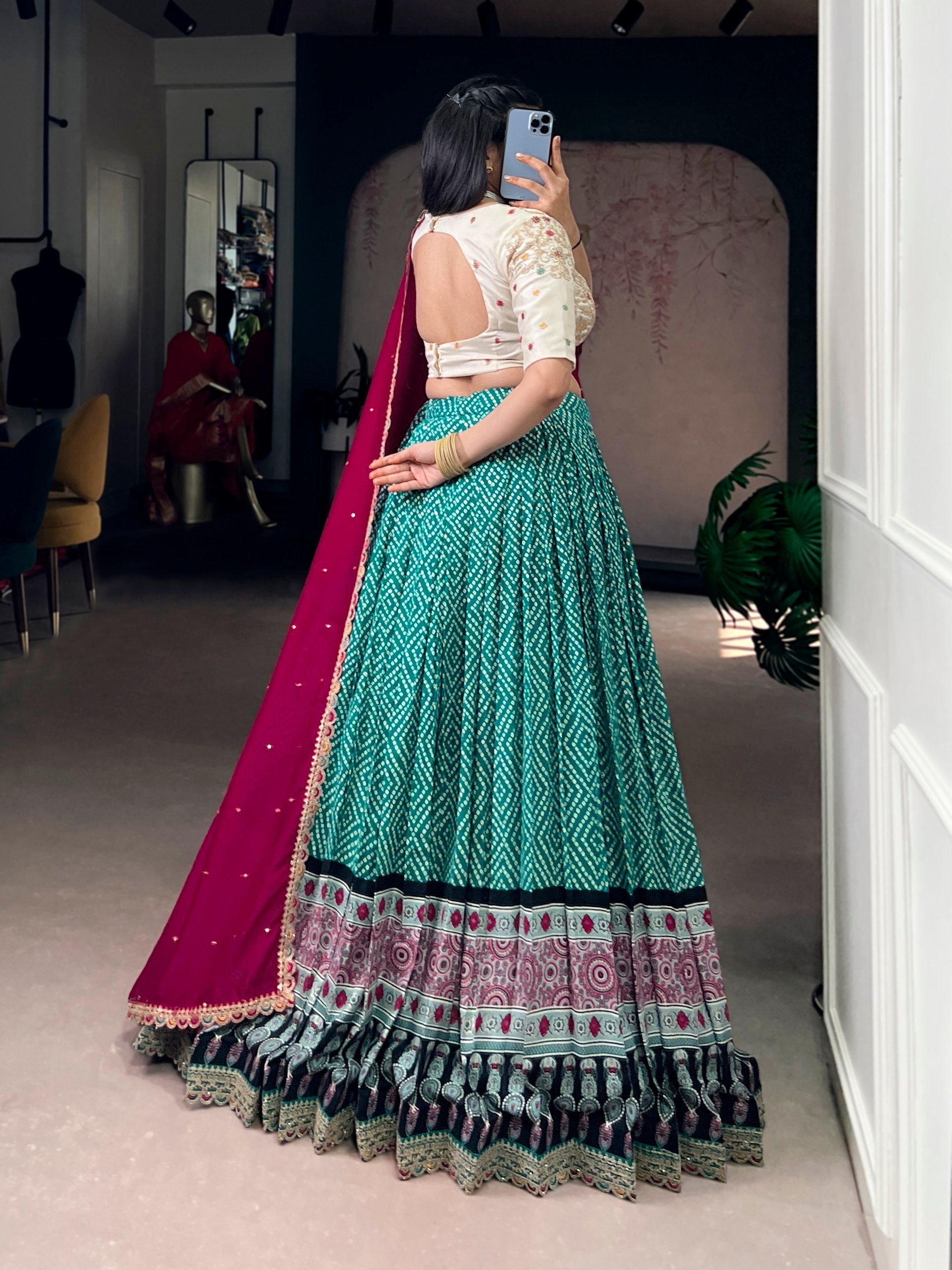 Sky Blue Bandhej & Ajrakh Printed Lehenga Choli Set