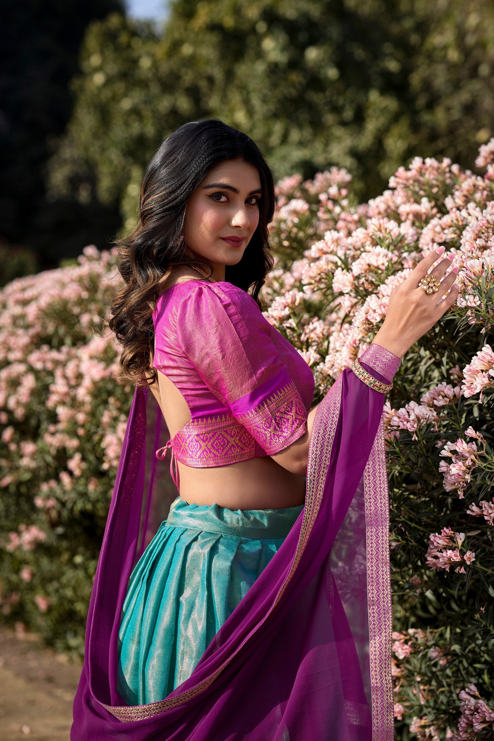 Sky Blue Breathtaking South-Indian Kanchipuram Silk Lehenga Choli Set with Zari Weaving