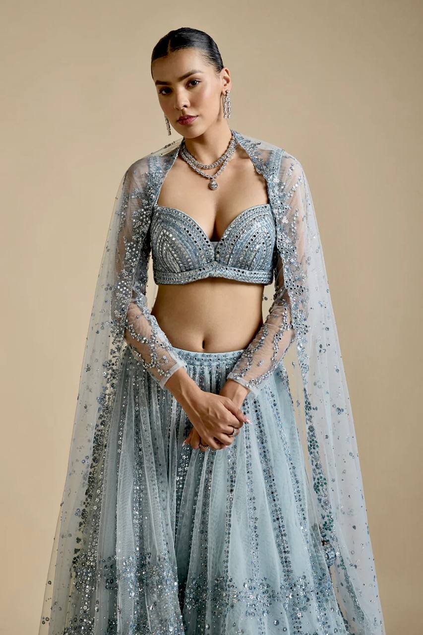 Sky Blue Brighten Your Day Stunning Net Lehenga Set with Sequins Work