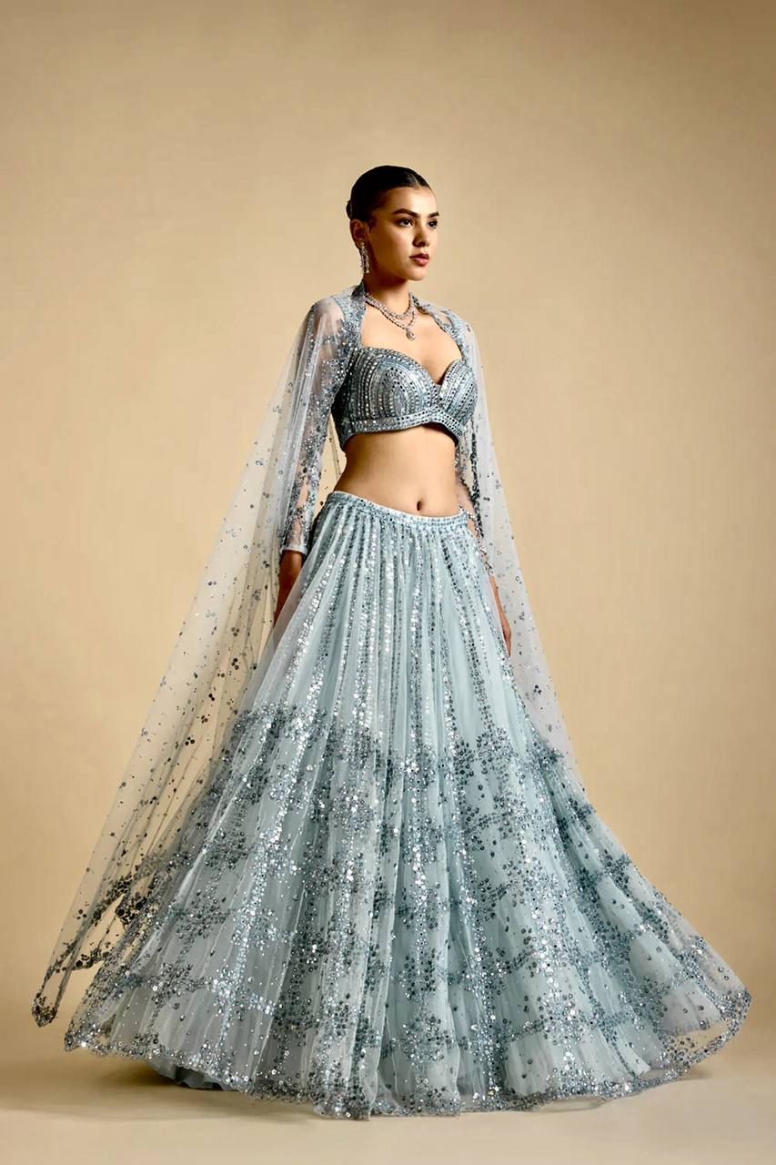 Sky Blue Brighten Your Day Stunning Net Lehenga Set with Sequins Work