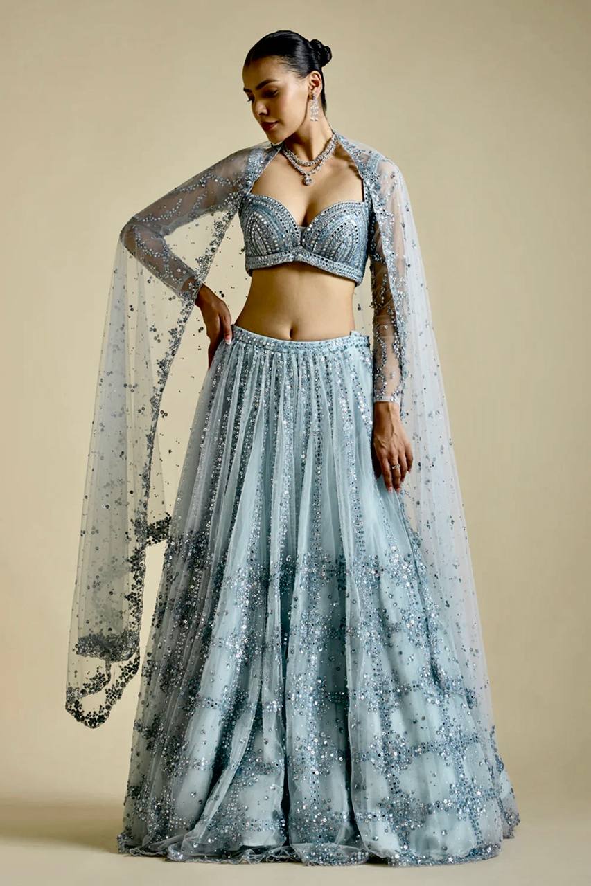 Sky Blue Brighten Your Day Stunning Net Lehenga Set with Sequins Work