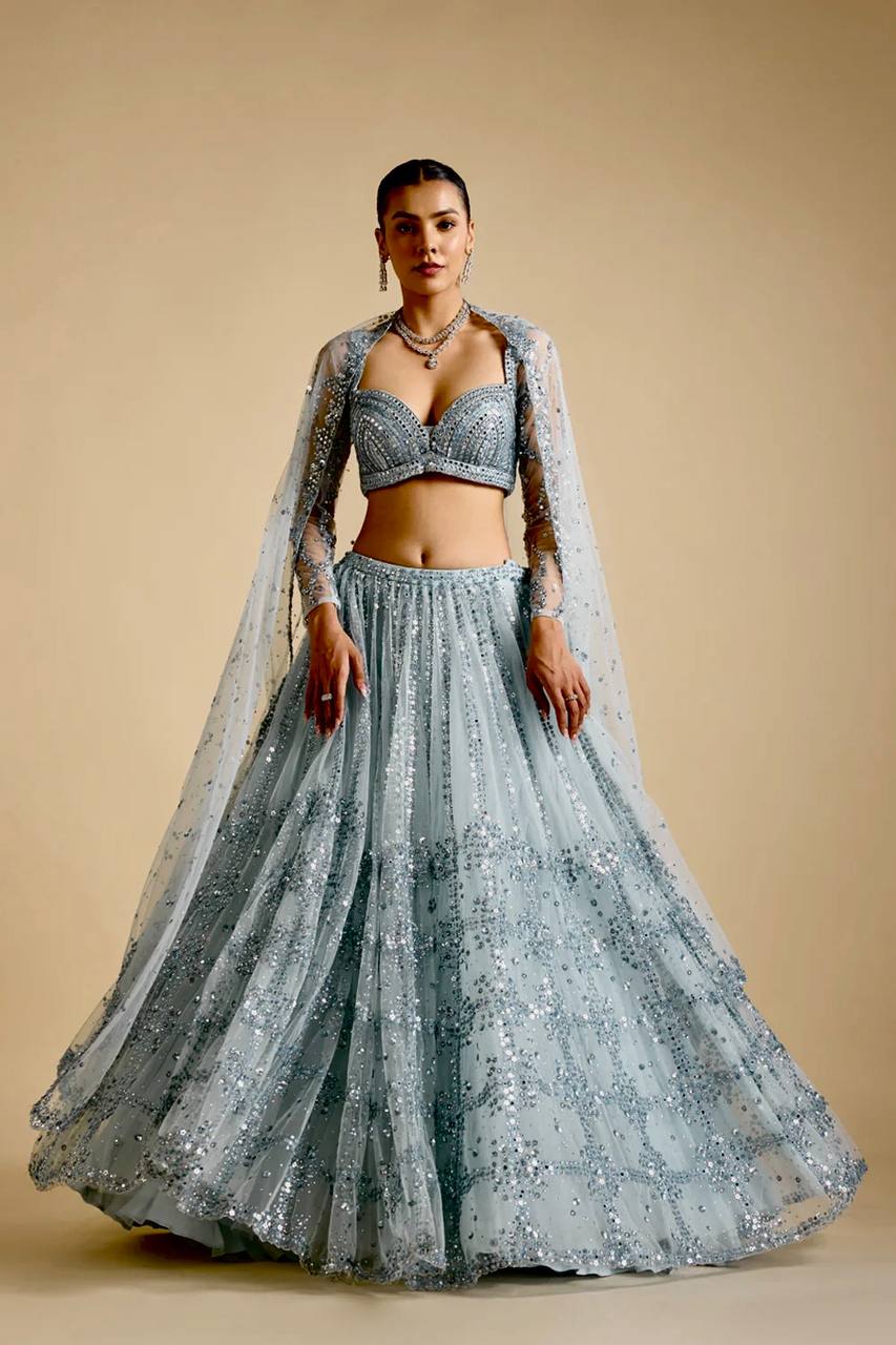 Sky Blue Brighten Your Day Stunning Net Lehenga Set with Sequins Work