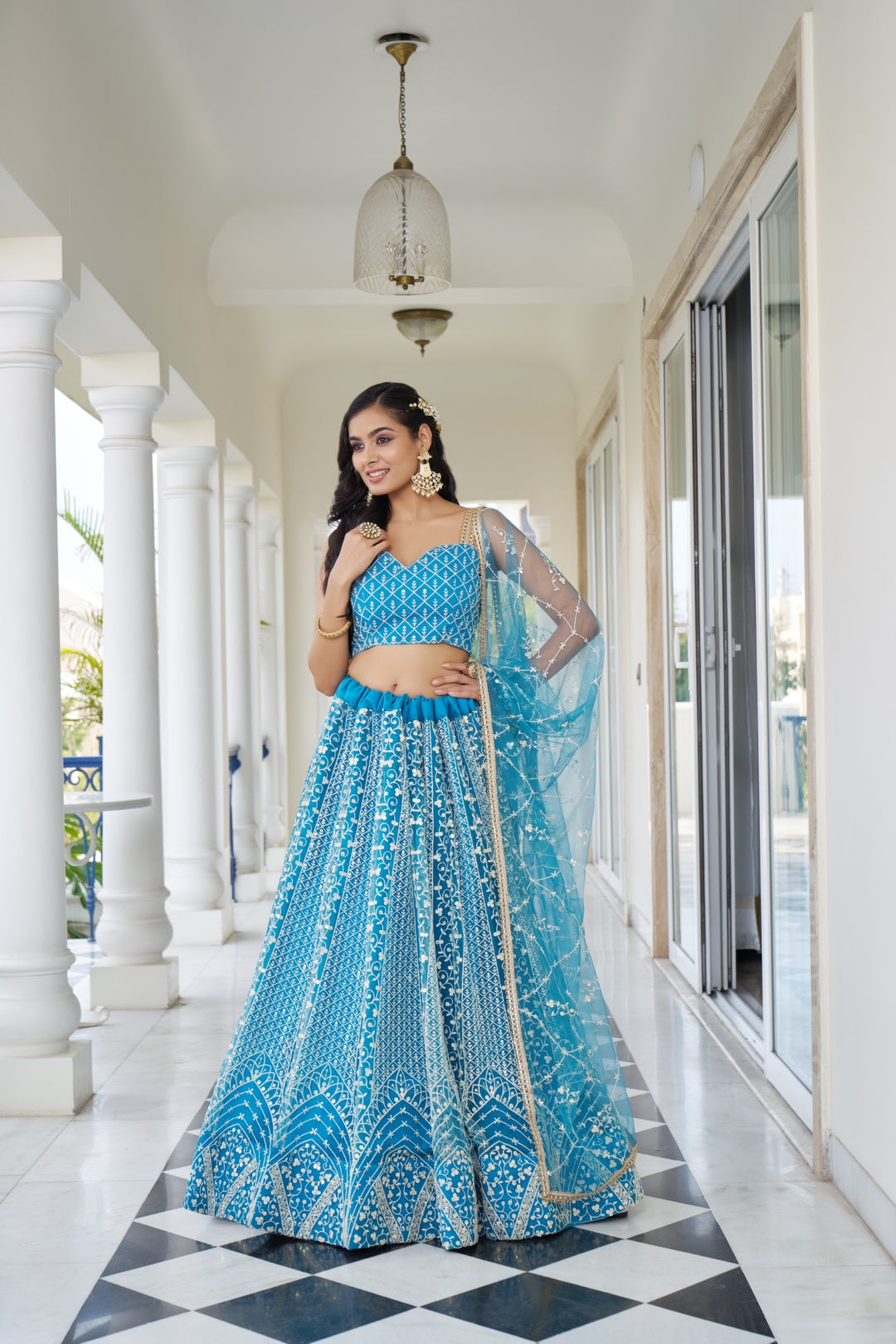 Sky Blue Butterfly Net Lehenga with Intricate White Thread and Sequin Embroidery