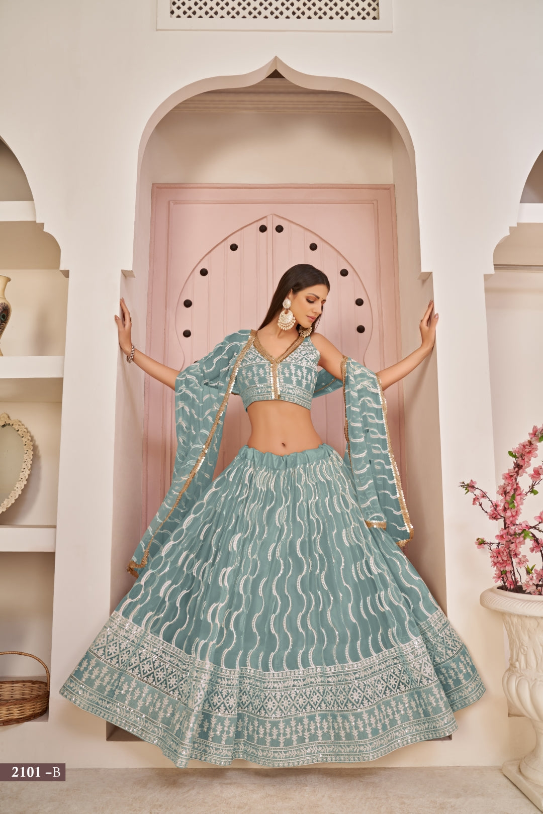 Sky Blue Butterfly Net Lehenga with White Cotton Thread, Zari, and Sandwich Sequence Embroidery