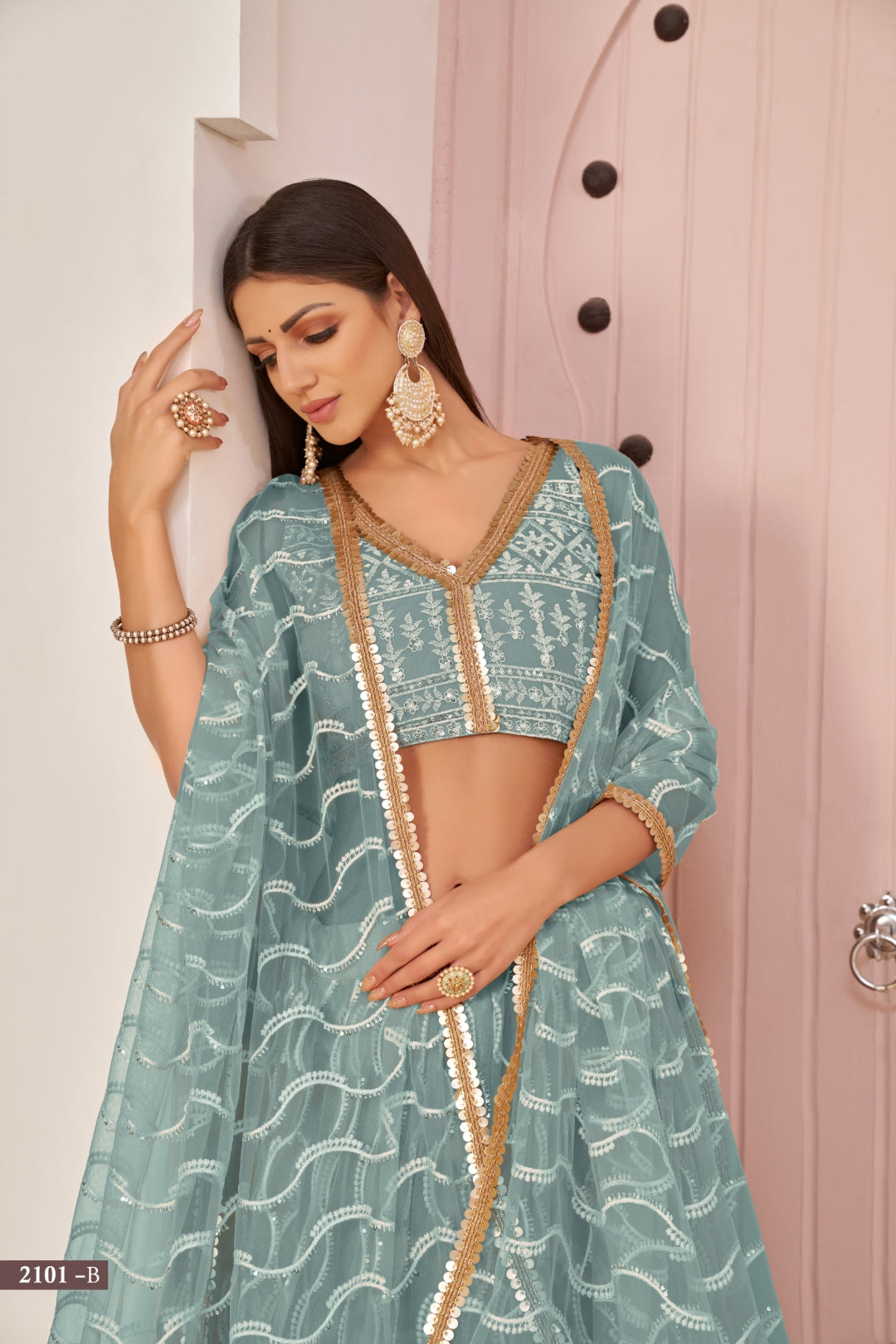 Sky Blue Butterfly Net Lehenga with White Cotton Thread, Zari, and Sandwich Sequence Embroidery