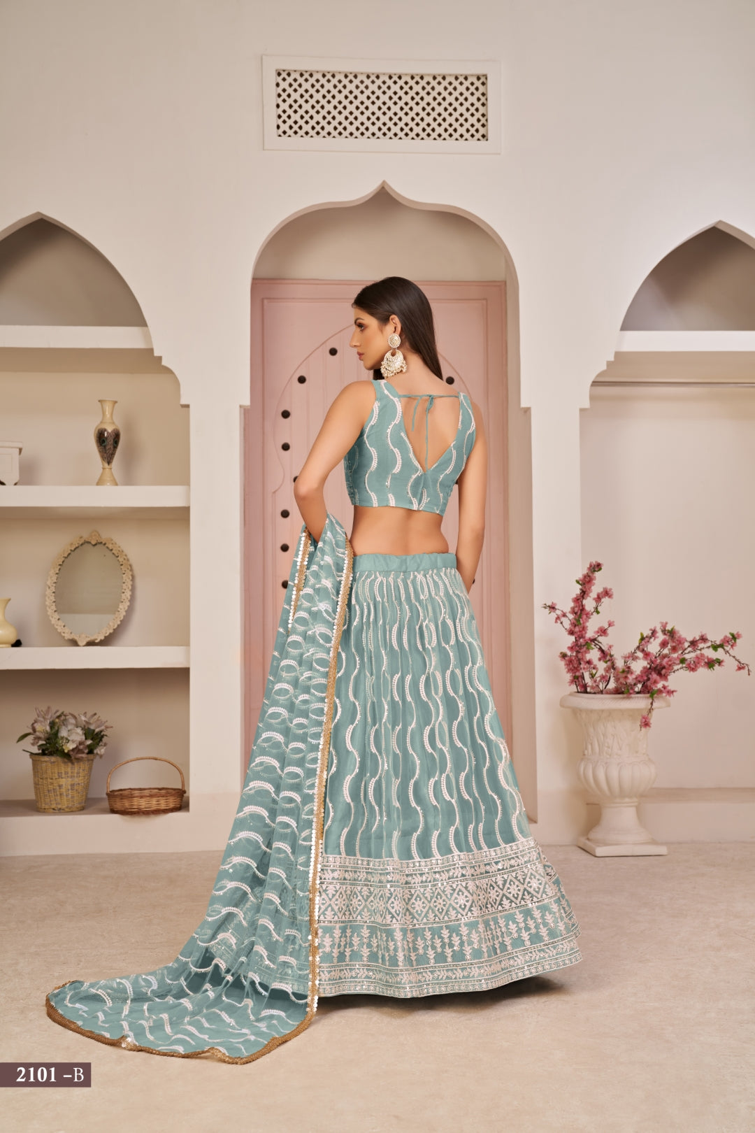 Sky Blue Butterfly Net Lehenga with White Cotton Thread, Zari, and Sandwich Sequence Embroidery