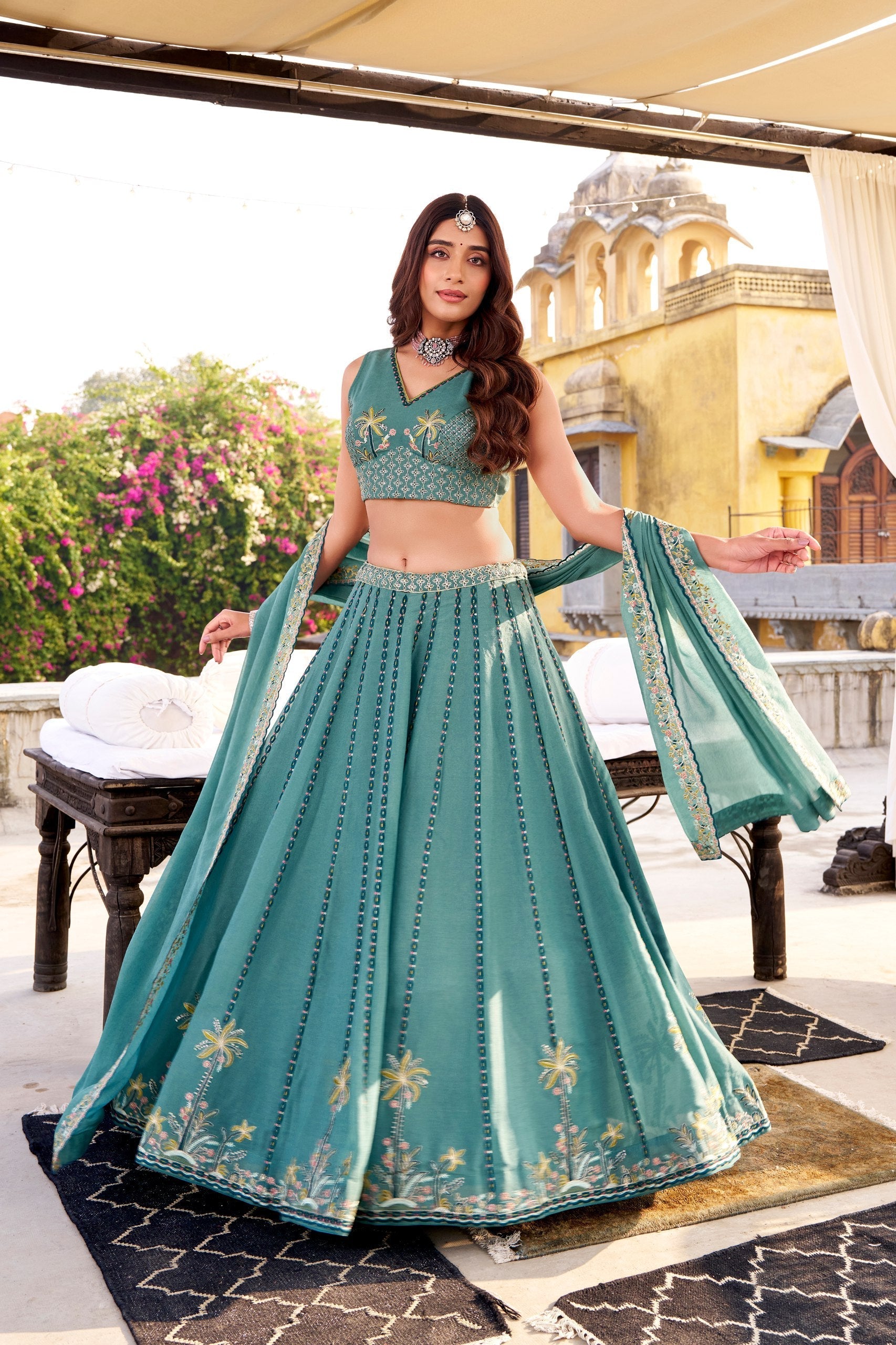 Sky Blue Chocolate Crush Sequins & Thread Embroidered Lehenga Choli Set with 4-Meter Flair and Matching Dupatta