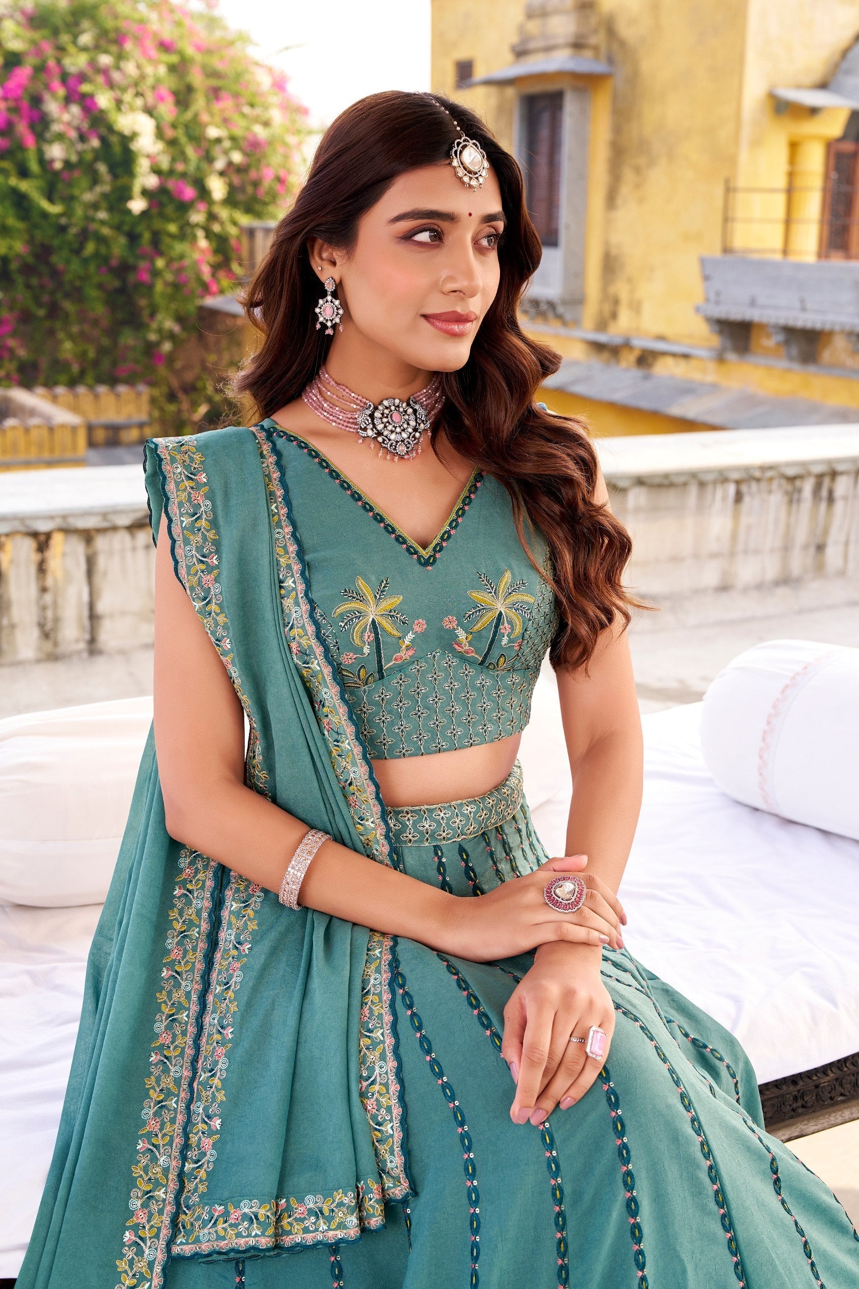 Sky Blue Chocolate Crush Sequins & Thread Embroidered Lehenga Choli Set with 4-Meter Flair and Matching Dupatta