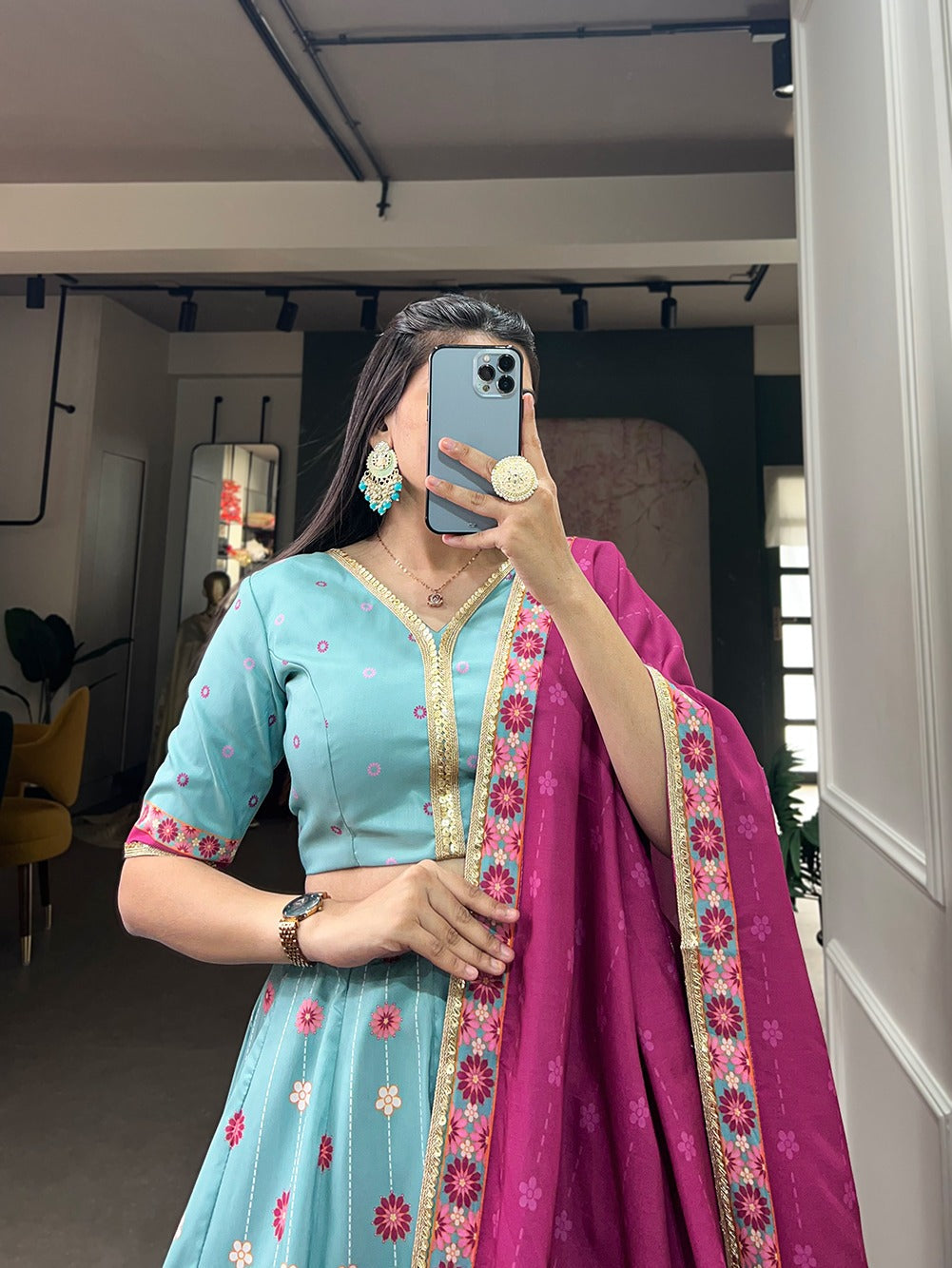Sky Blue Color Vaishali Silk Printed Lehenga Choli Set with Sequins Lace Border