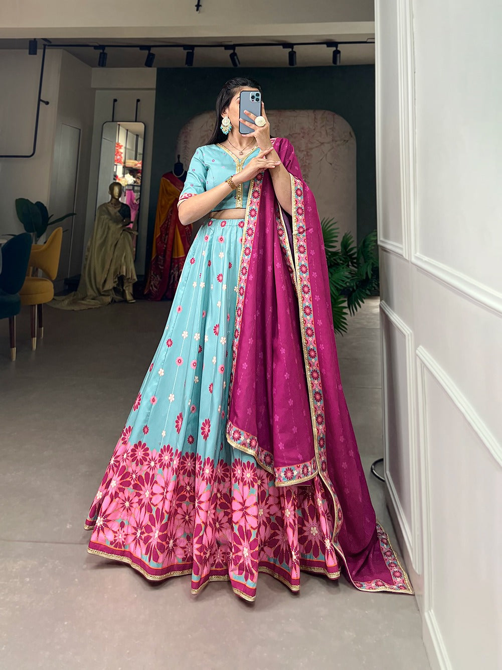 Sky Blue Color Vaishali Silk Printed Lehenga Choli Set with Sequins Lace Border