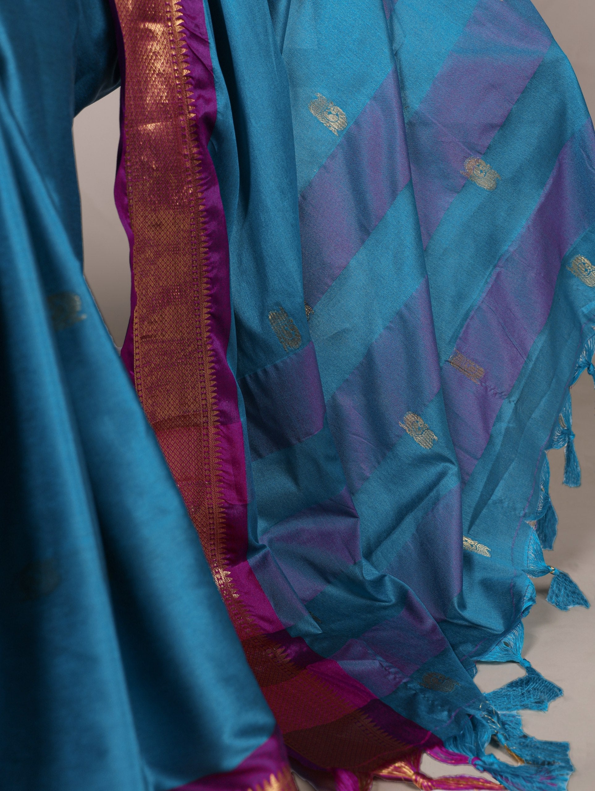 Sky Blue Cotton Silk Saree with Paithani Weaving Work & Matching Blouse