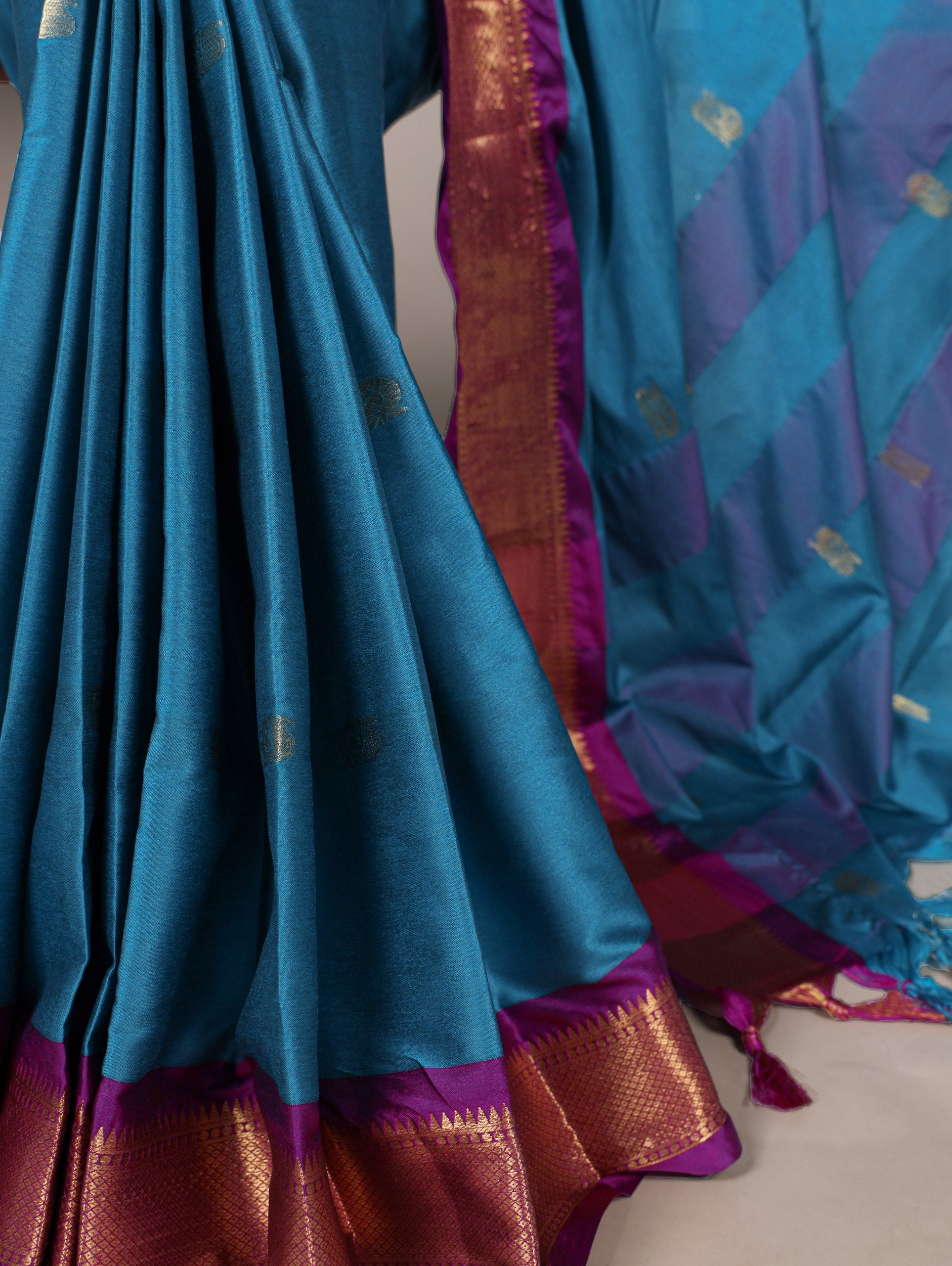 Sky Blue Cotton Silk Saree with Paithani Weaving Work & Matching Blouse