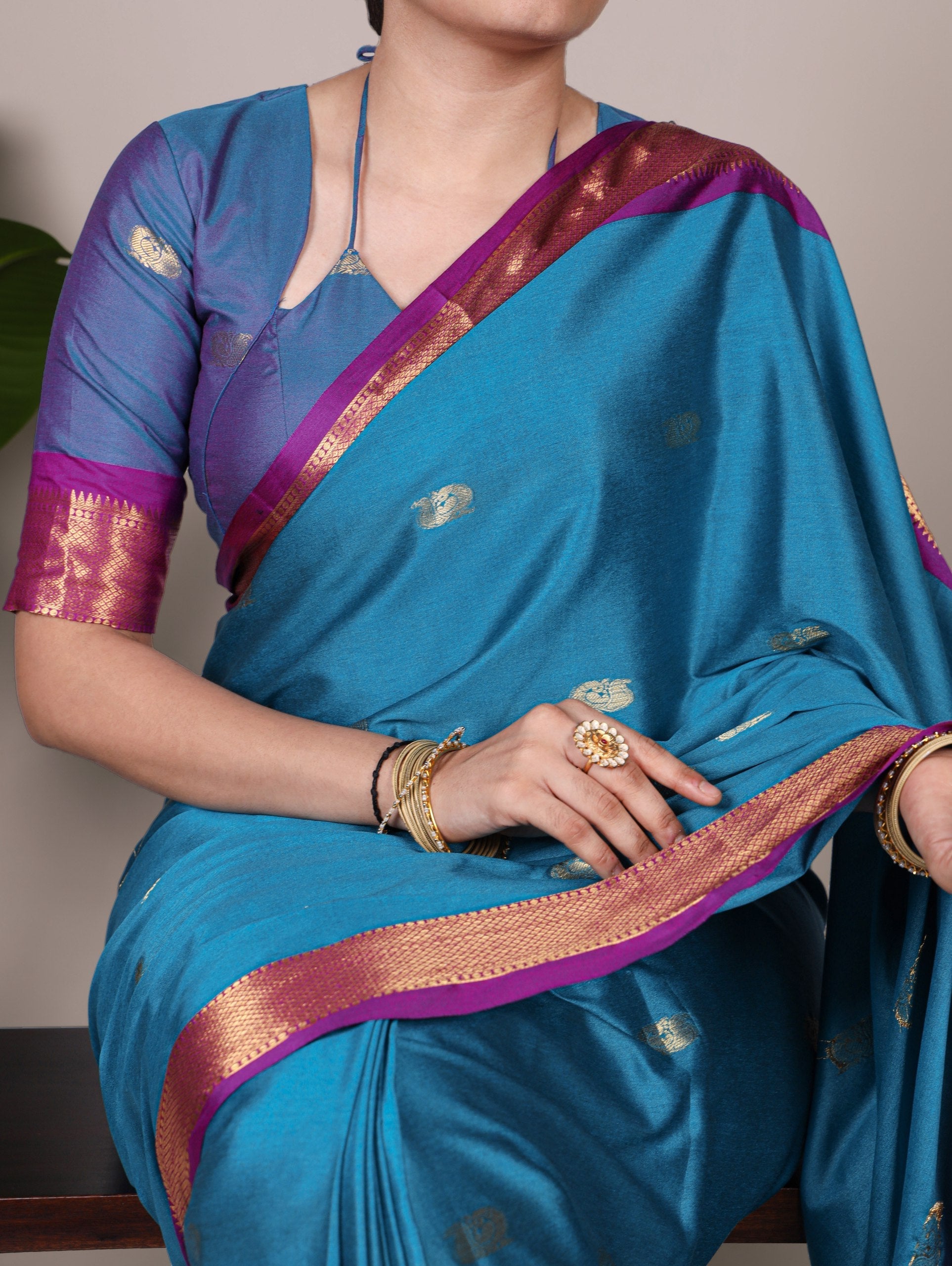Sky Blue Cotton Silk Saree with Paithani Weaving Work & Matching Blouse