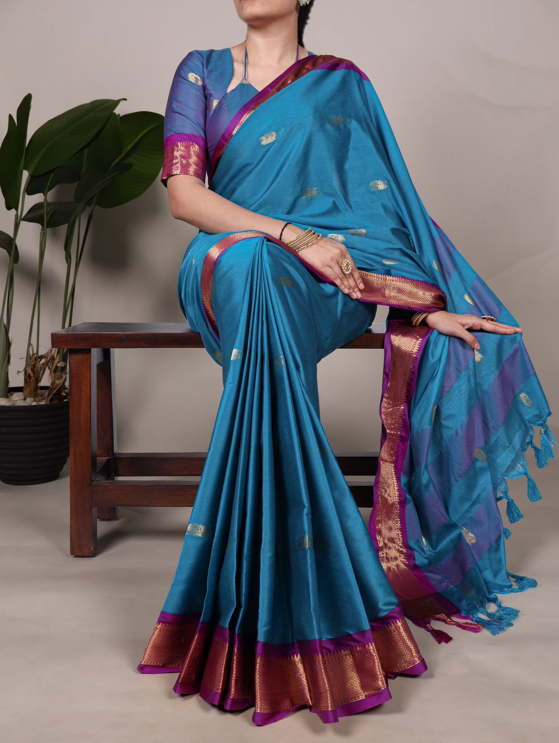 Sky Blue Cotton Silk Saree with Paithani Weaving Work & Matching Blouse