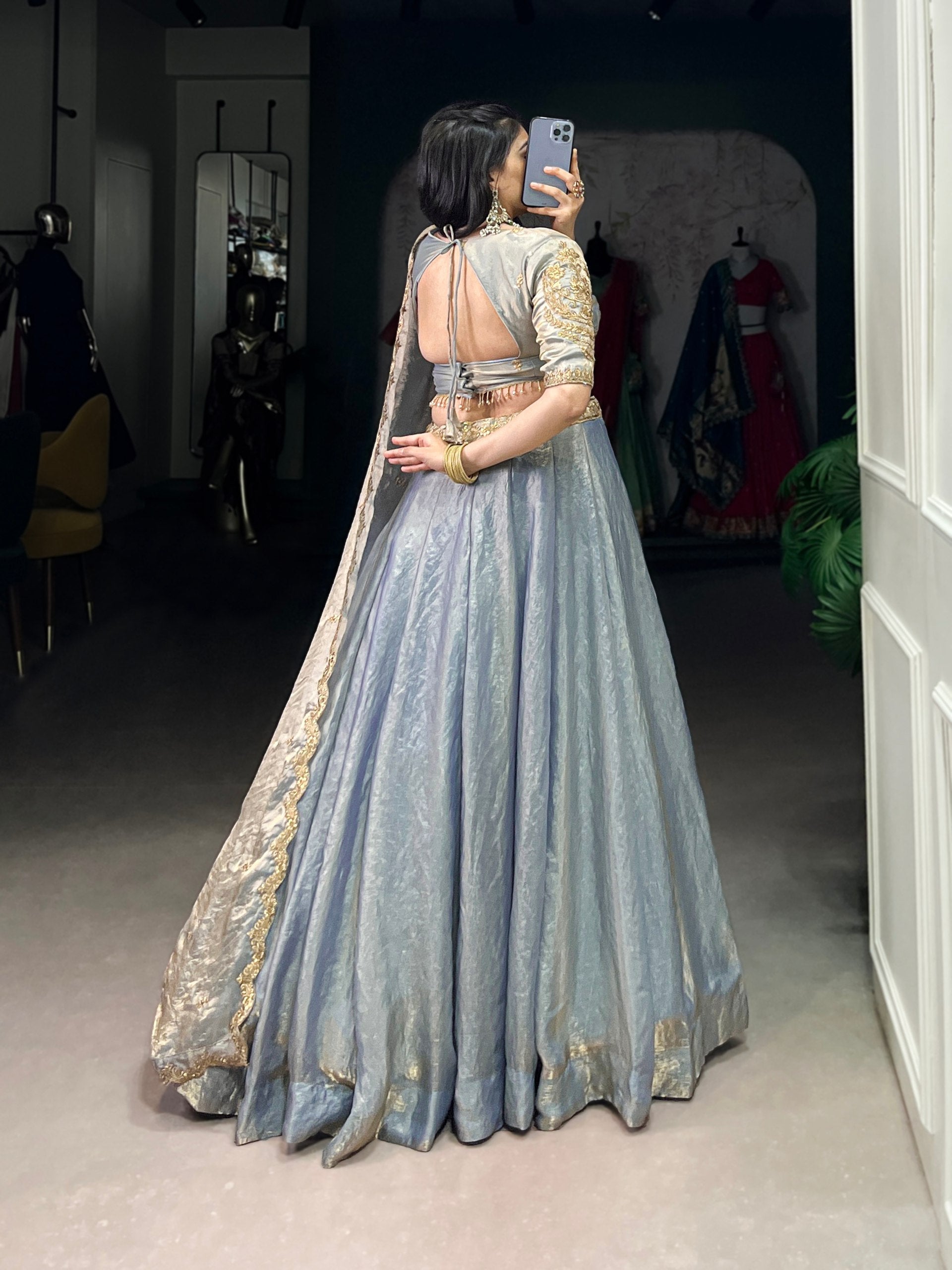 Sky Blue Designer Fendi Lehenga Choli Set with Sequins & Thread Embroidery  Heavy Flair Stitched Lehenga with Dupatta