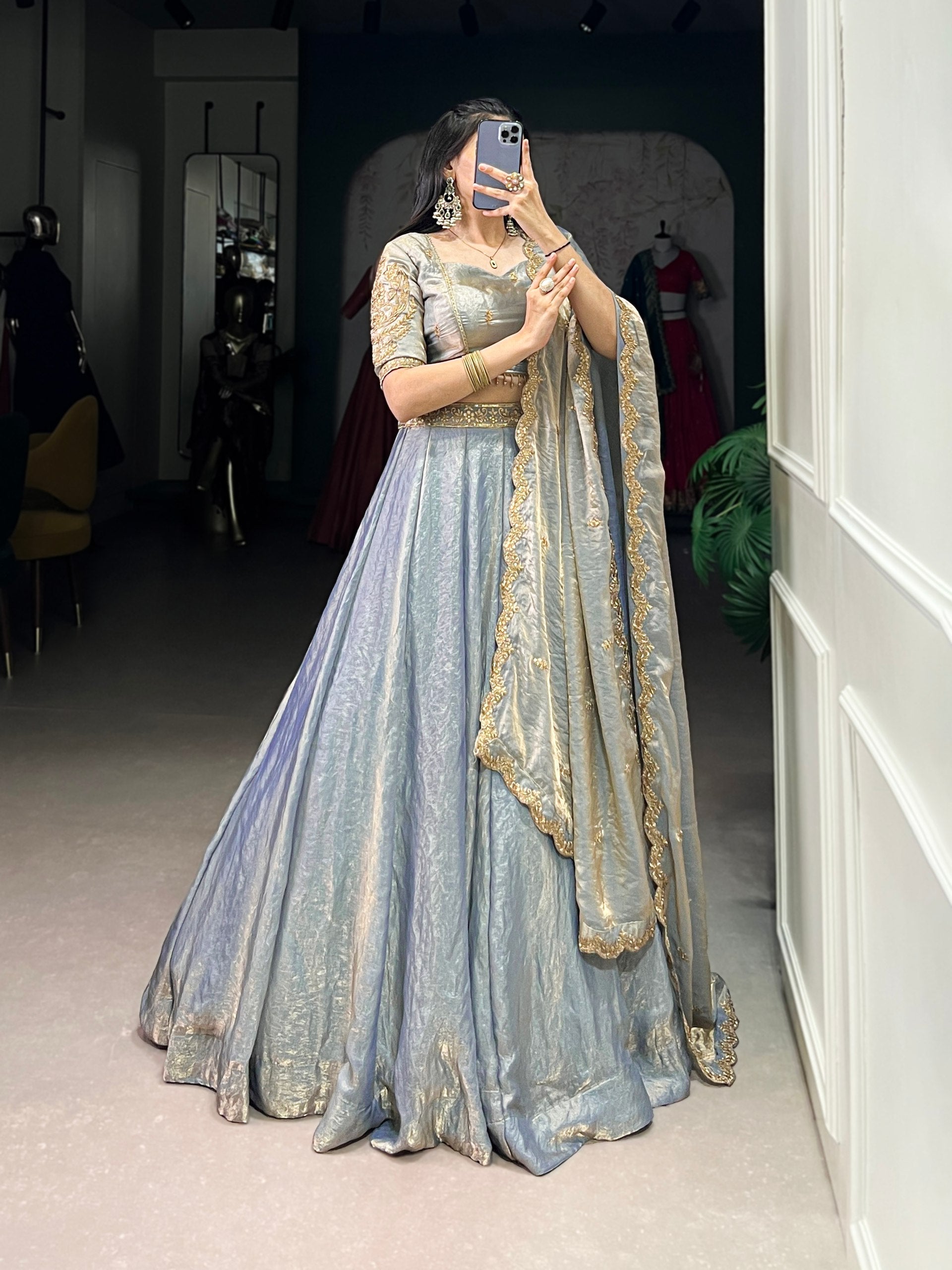 Sky Blue Designer Fendi Lehenga Choli Set with Sequins & Thread Embroidery  Heavy Flair Stitched Lehenga with Dupatta