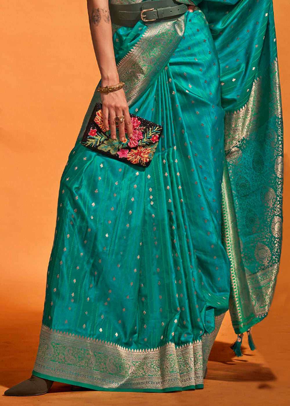 Sky Blue Designer Satin Silk Saree with Blouse Piece