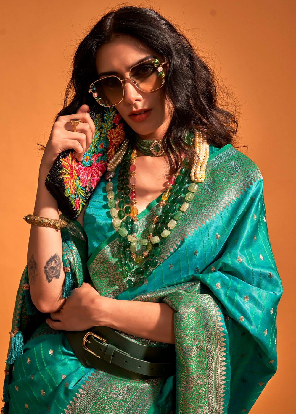 Sky Blue Designer Satin Silk Saree with Blouse Piece