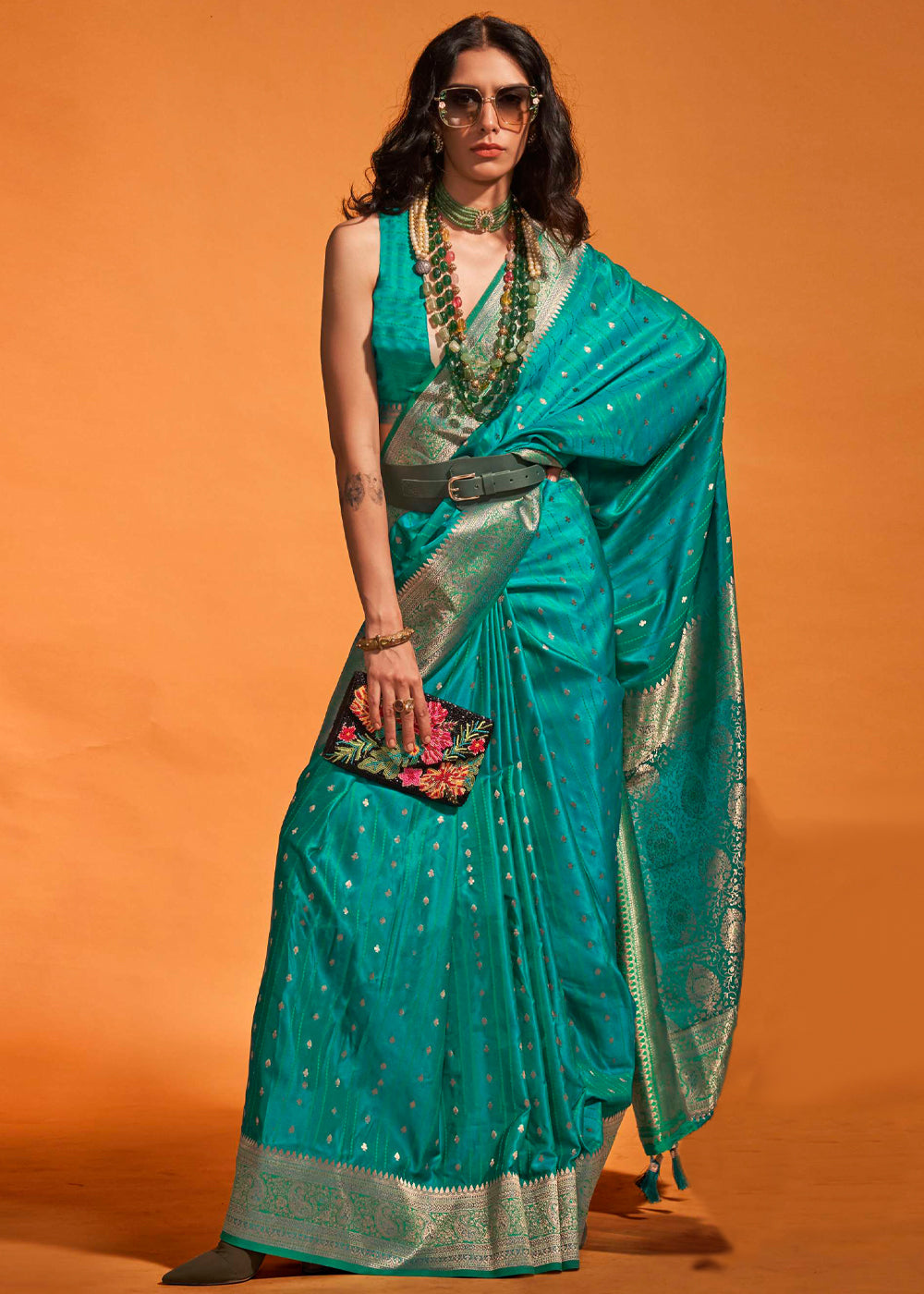 Sky Blue Designer Satin Silk Saree with Blouse Piece