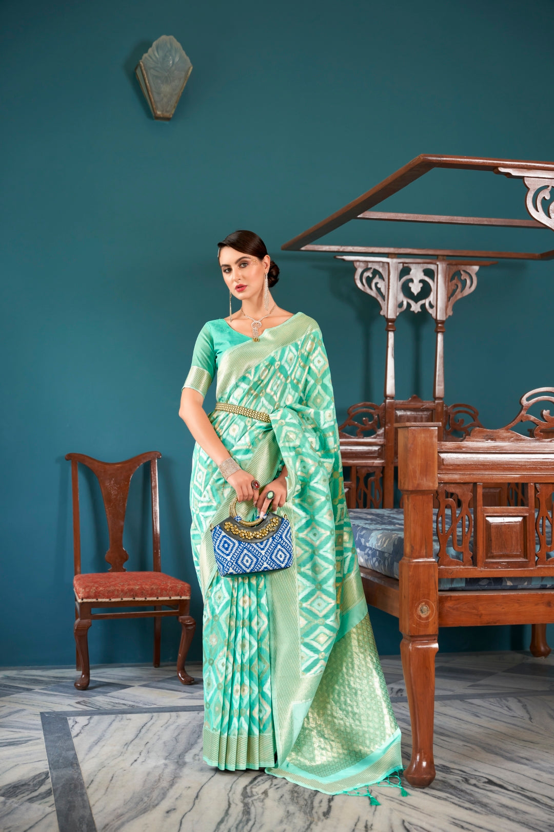 Sky Blue Elegant Banarasi Saree with Geometric Zari Weaving