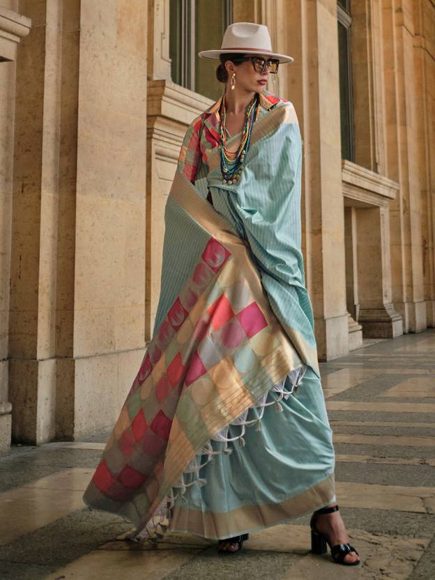 Sky Blue Elegant Banarasi Silk Blend Saree with Tassel Detailing – Unstitched Blouse Piece