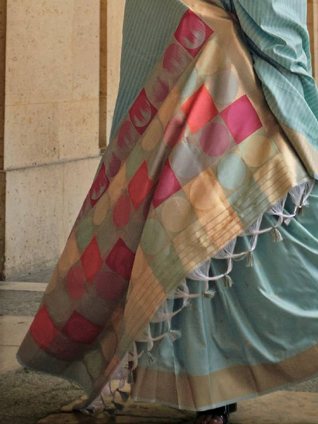 Sky Blue Elegant Banarasi Silk Blend Saree with Tassel Detailing – Unstitched Blouse Piece