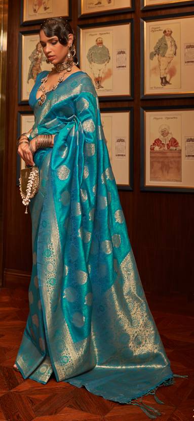 Sky Blue Elegant Banarasi Silk Blend Saree with Unstitched Blouse Piece