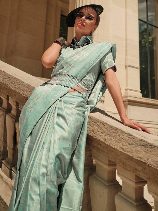 Sky Blue Elegant Banarasi Silk Blend Woven Saree with Tassel Detailing