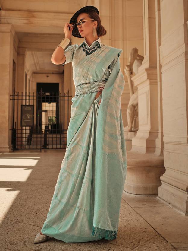 Sky Blue Elegant Banarasi Silk Blend Woven Saree with Tassel Detailing
