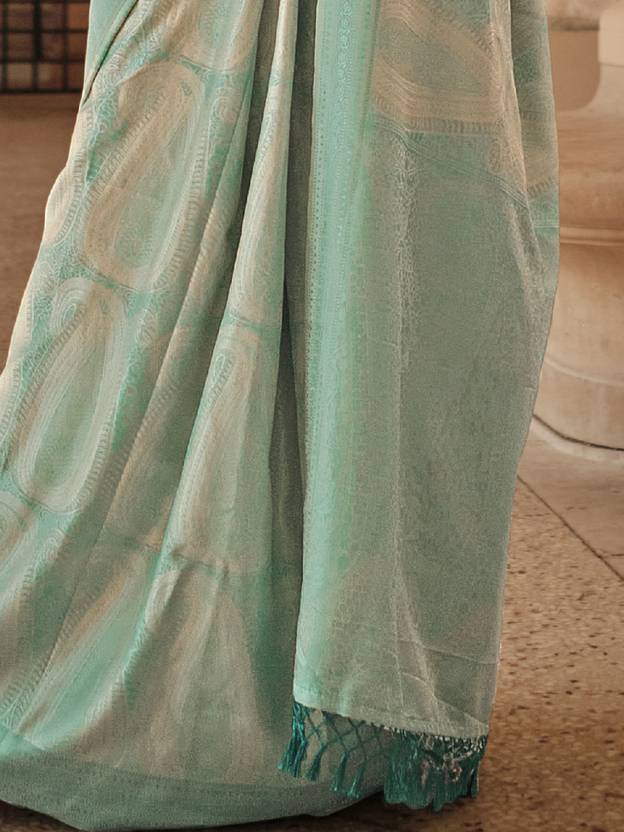 Sky Blue Elegant Banarasi Silk Blend Woven Saree with Tassel Detailing