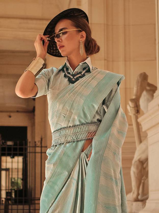 Sky Blue Elegant Banarasi Silk Blend Woven Saree with Tassel Detailing