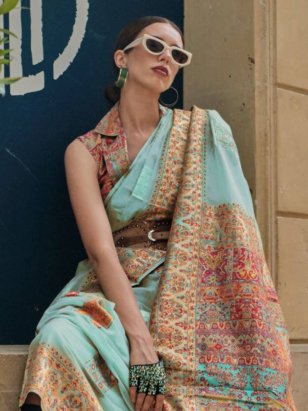 Sky Blue Elegant Banarasi Silk Blend Woven Saree with Unstitched Blouse Piece