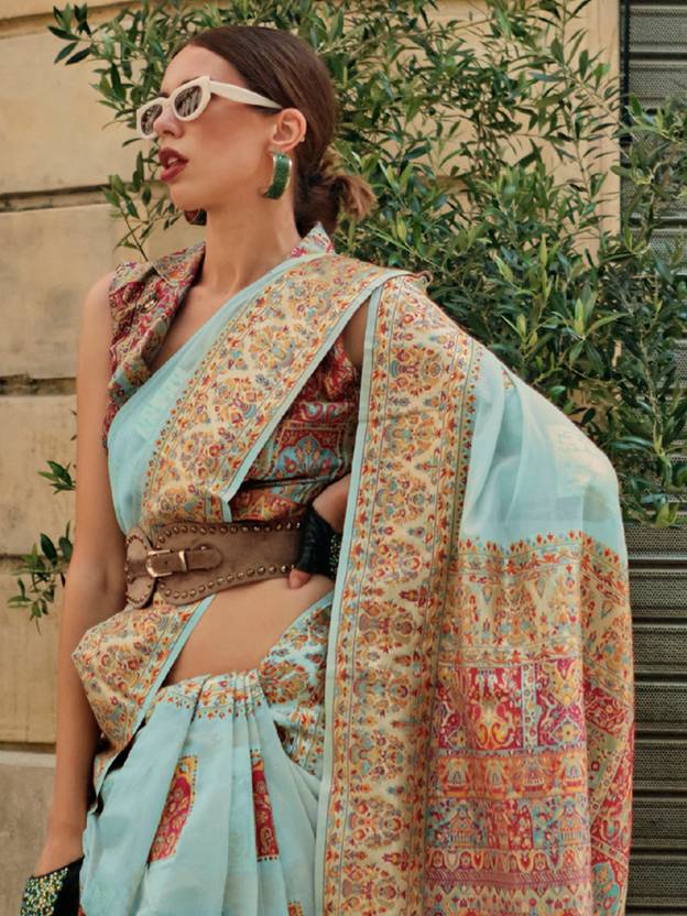 Sky Blue Elegant Banarasi Silk Blend Woven Saree with Unstitched Blouse Piece