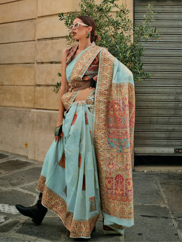 Sky Blue Elegant Banarasi Silk Blend Woven Saree with Unstitched Blouse Piece