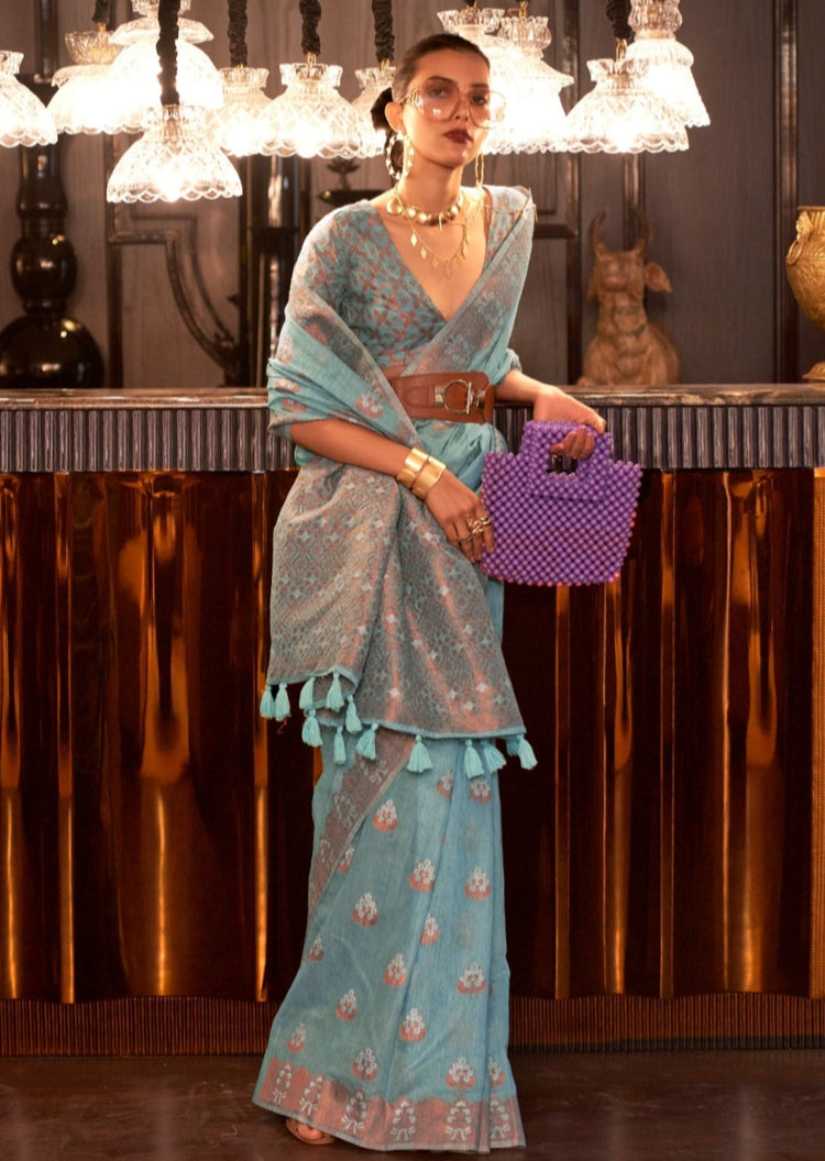 Sky Blue Elegant Bollywood Cotton Silk Saree with Tassel Detailing