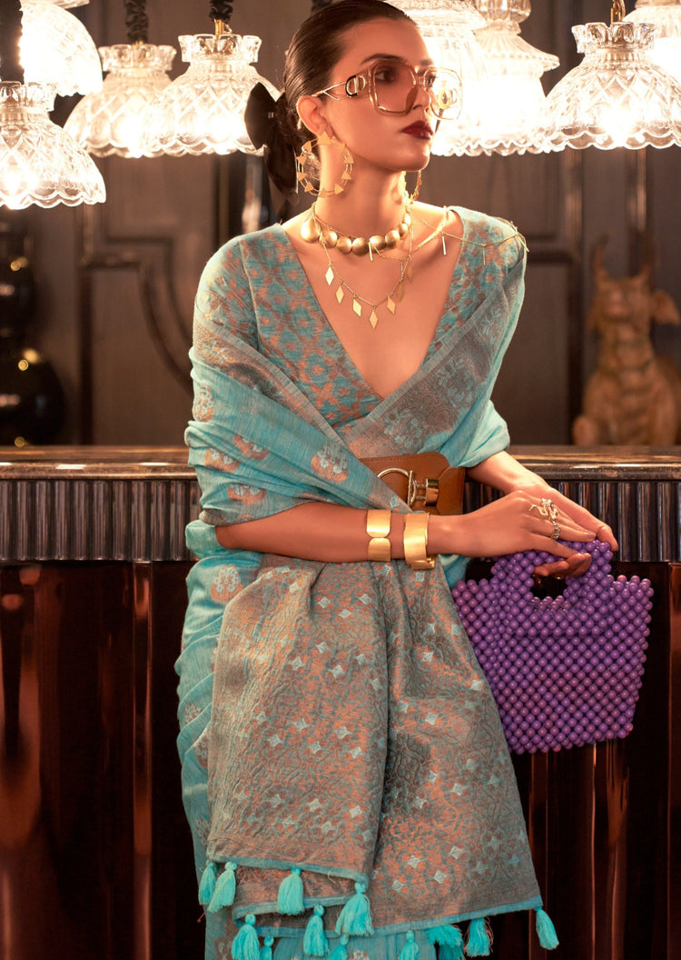 Sky Blue Elegant Bollywood Cotton Silk Saree with Tassel Detailing