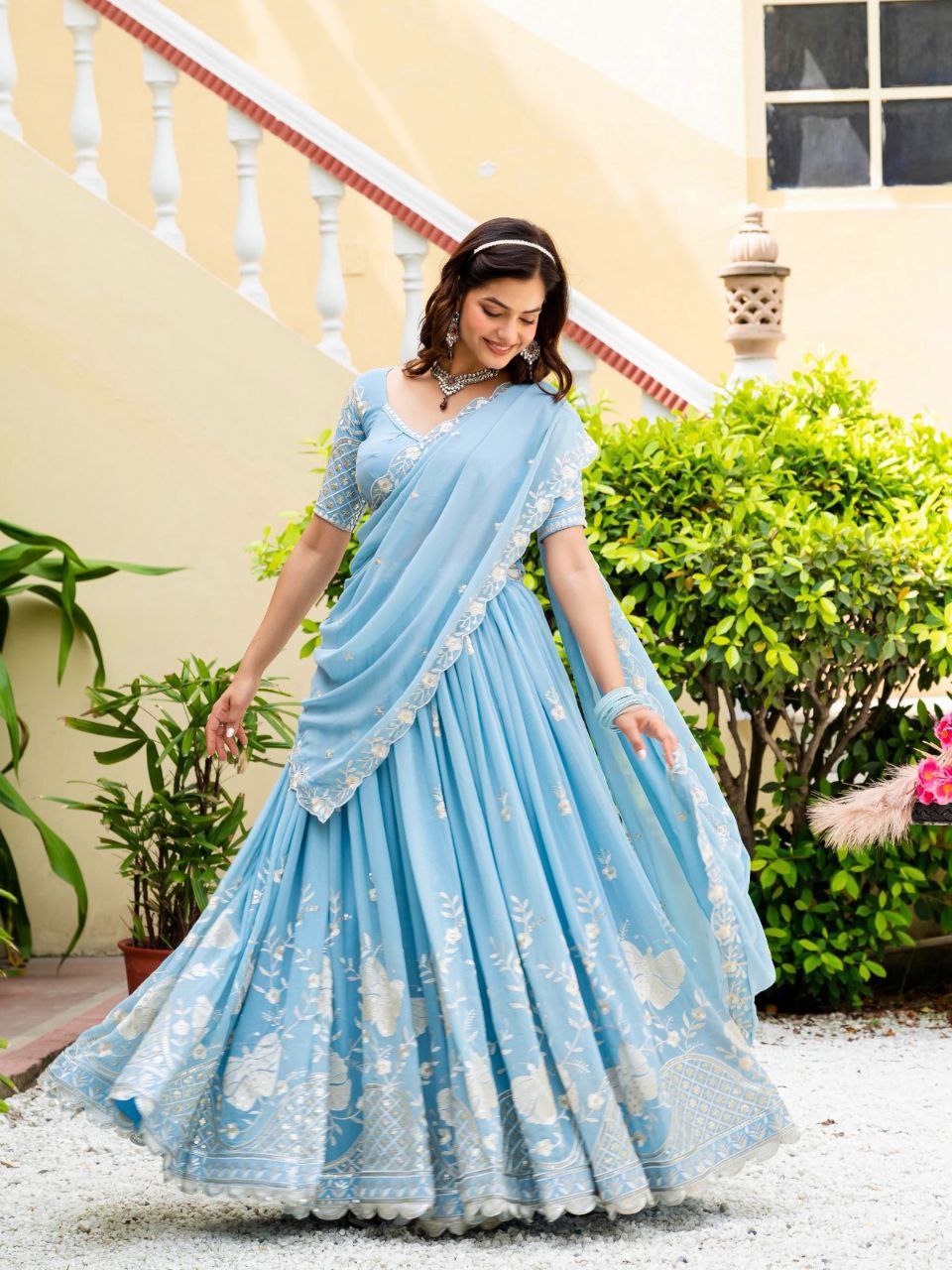 Sky Blue Elegant Faux Georgette Lehenga with Multi-Sequins & Embroidery Work | Semi-Stitched Lehenga with Matching Blouse & Lace Dupatta
