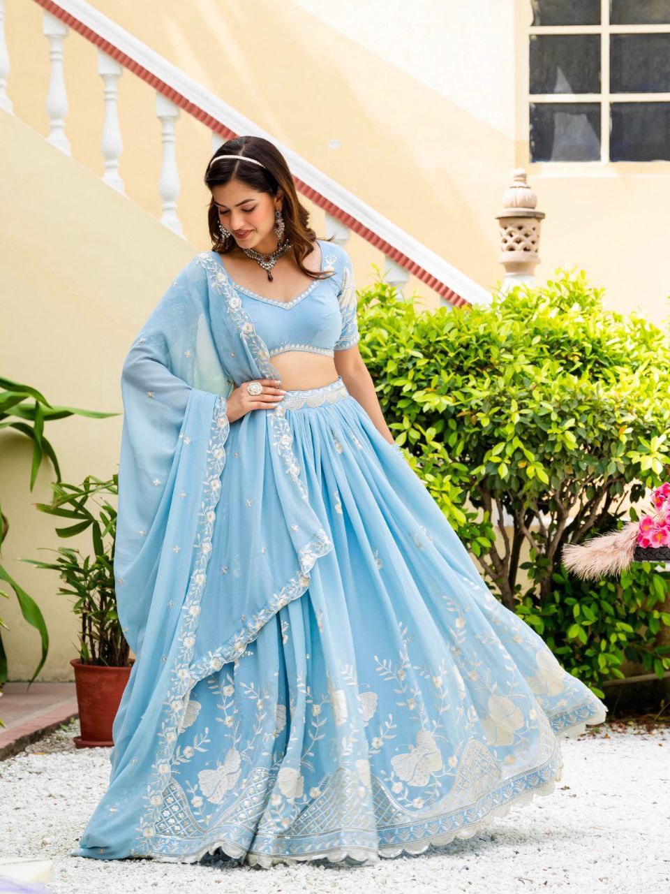 Sky Blue Elegant Faux Georgette Lehenga with Multi-Sequins & Embroidery Work | Semi-Stitched Lehenga with Matching Blouse & Lace Dupatta
