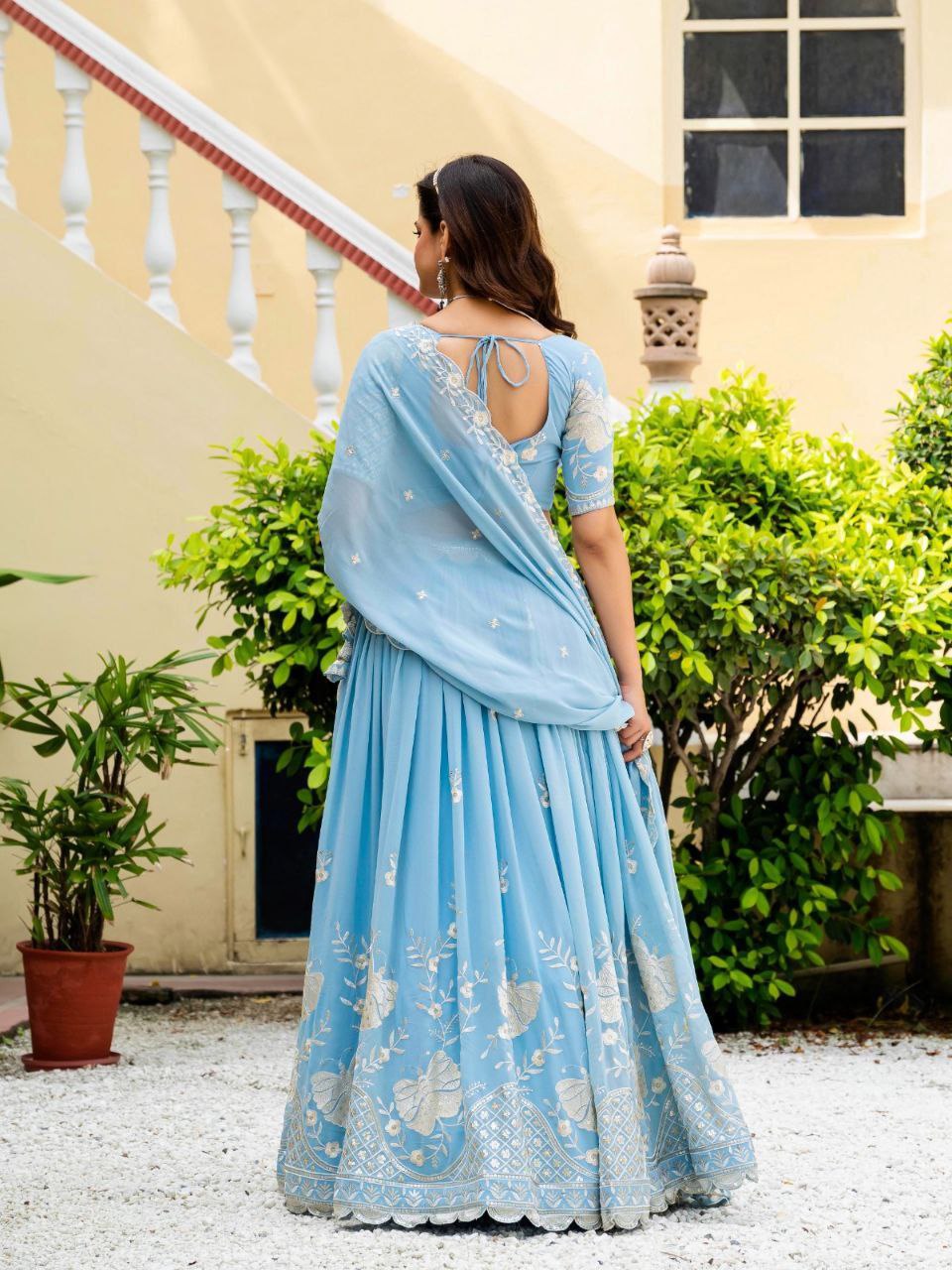 Sky Blue Elegant Faux Georgette Lehenga with Multi-Sequins & Embroidery Work | Semi-Stitched Lehenga with Matching Blouse & Lace Dupatta