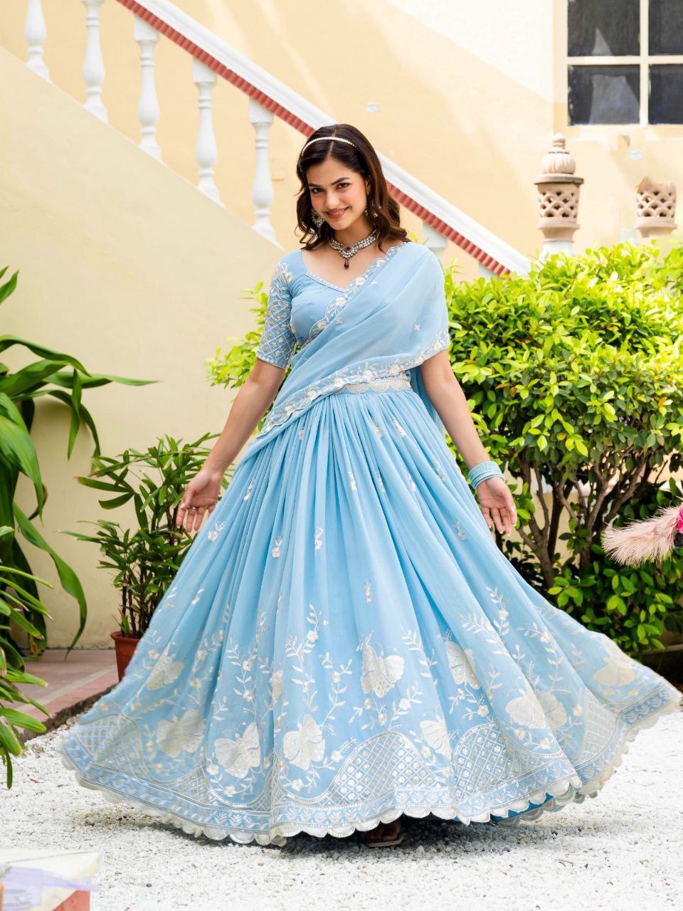 Sky Blue Elegant Faux Georgette Lehenga with Multi-Sequins & Embroidery Work | Semi-Stitched Lehenga with Matching Blouse & Lace Dupatta