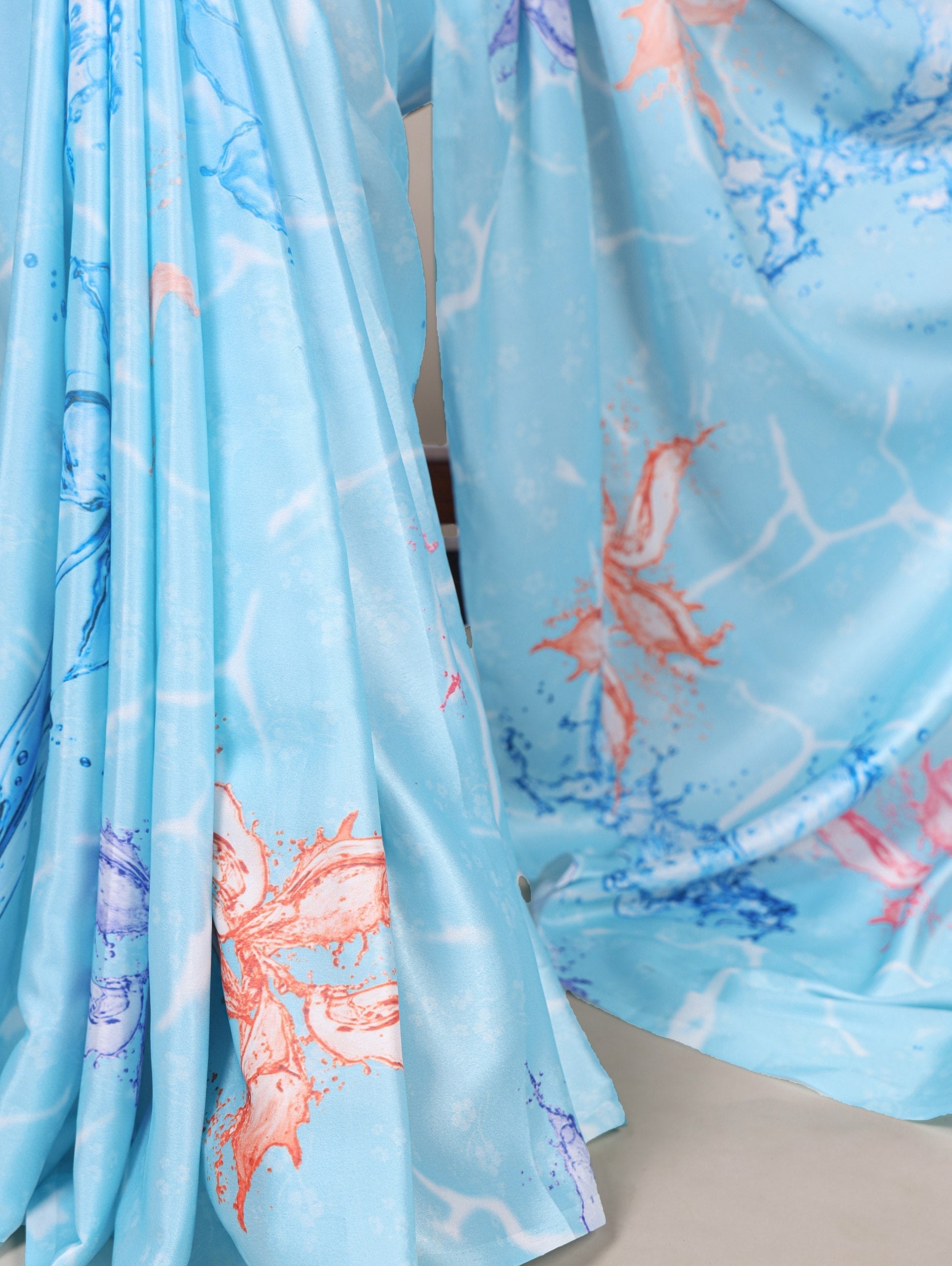 Sky Blue Elegant Floral Printed Satin Silk Saree with Mono Benglory Blouse Piece