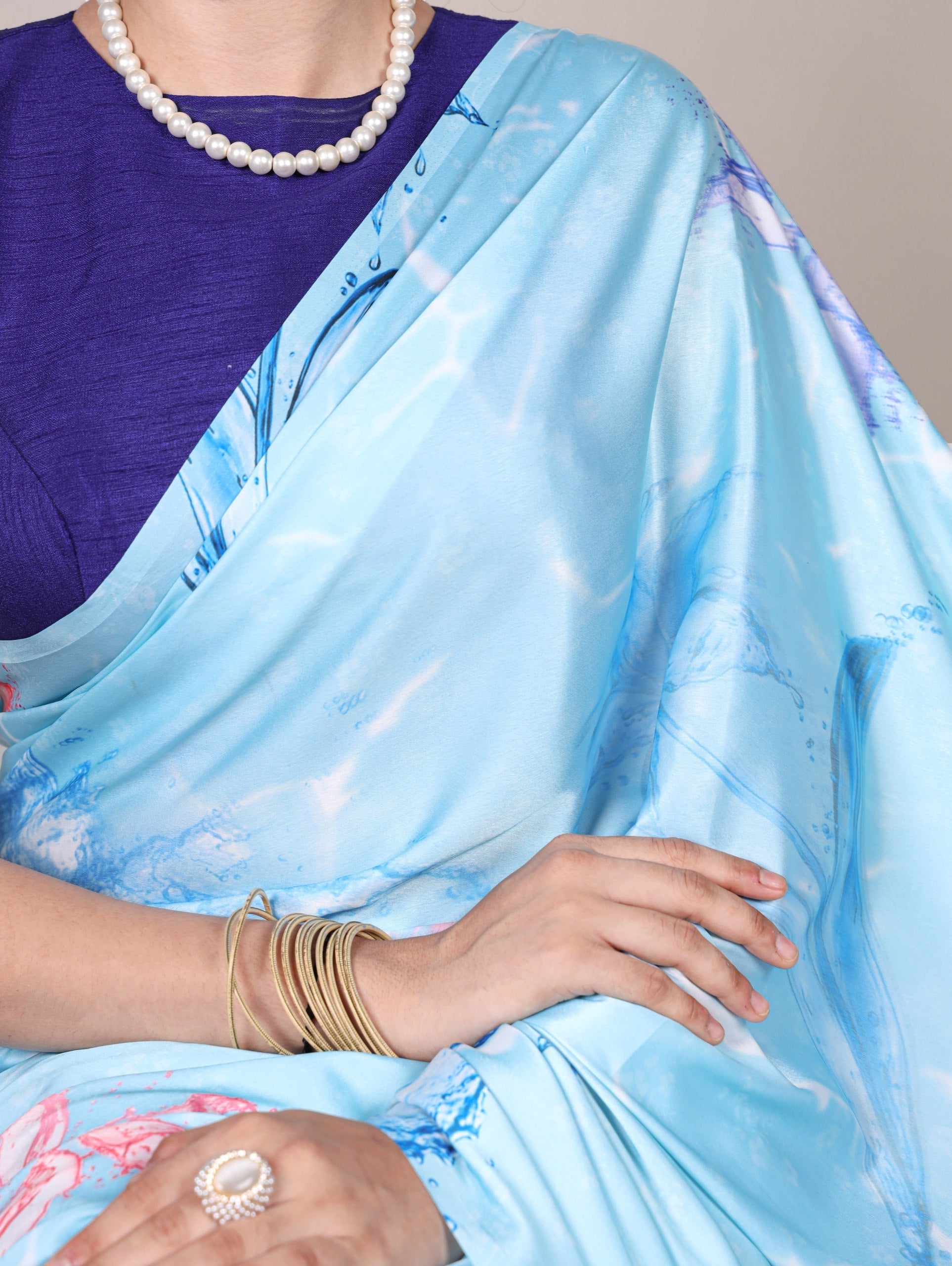 Sky Blue Elegant Floral Printed Satin Silk Saree with Mono Benglory Blouse Piece