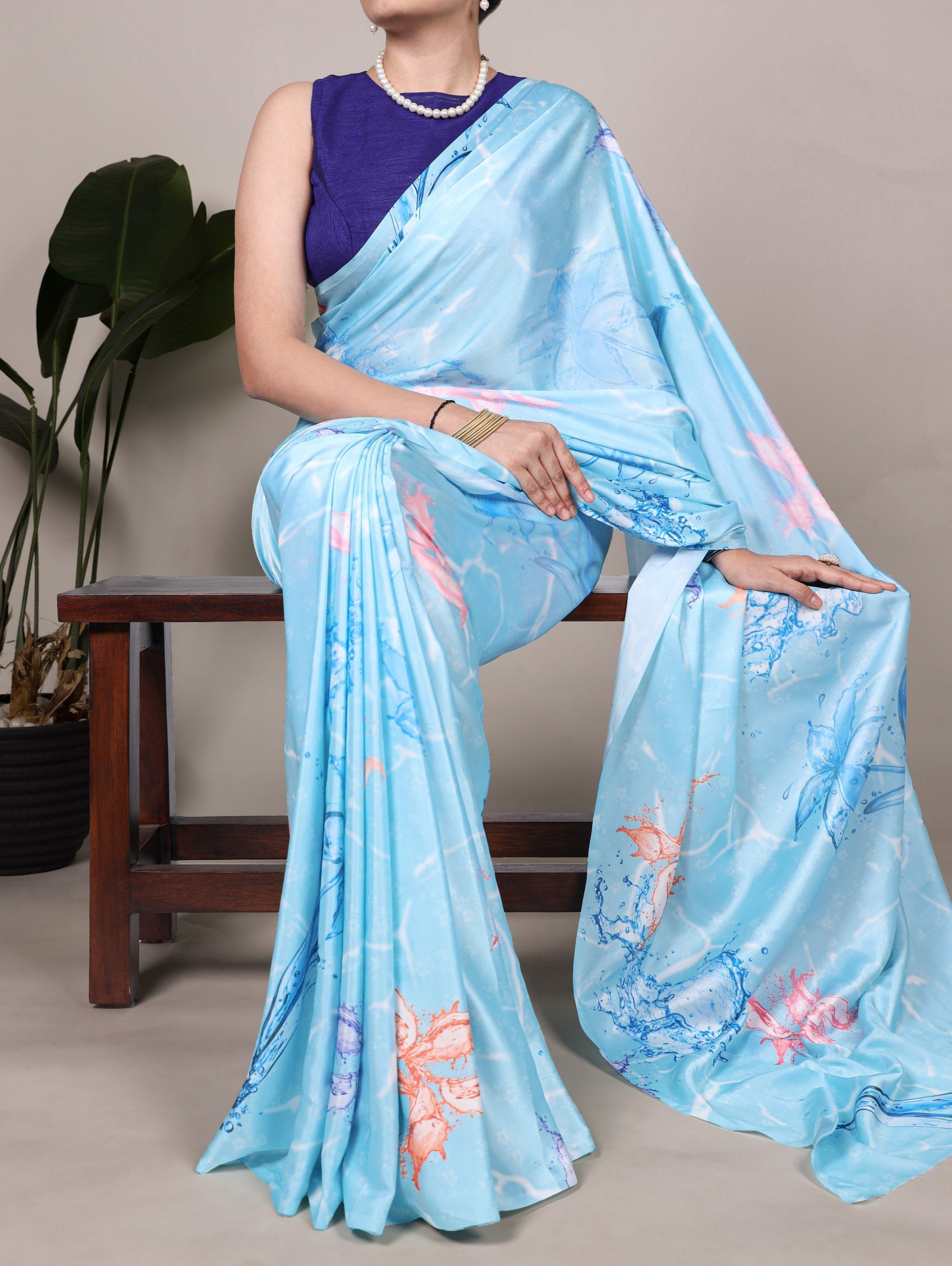 Sky Blue Elegant Floral Printed Satin Silk Saree with Mono Benglory Blouse Piece