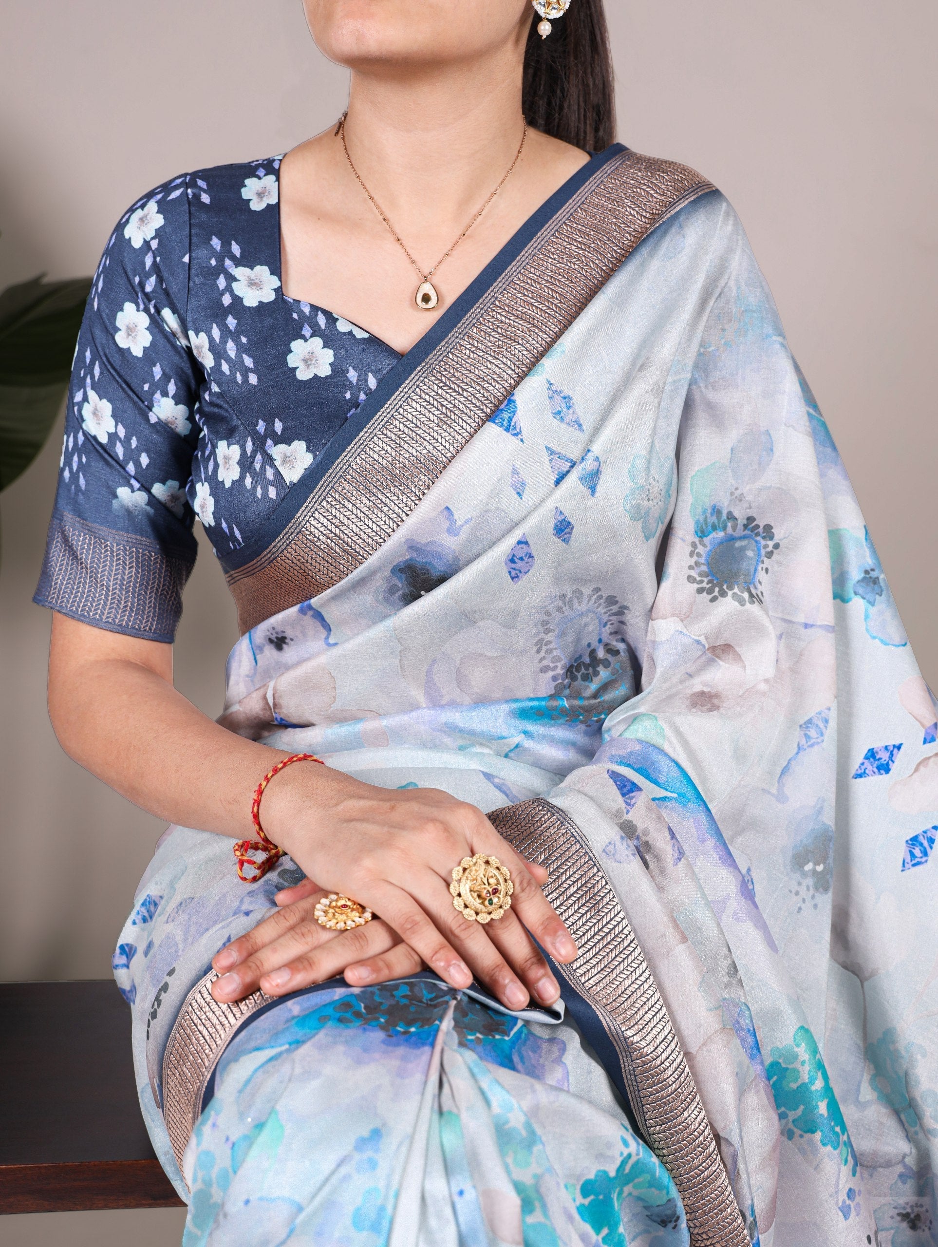Sky Blue Elegant Floral Printed Tussar Silk Saree with Viscose Border