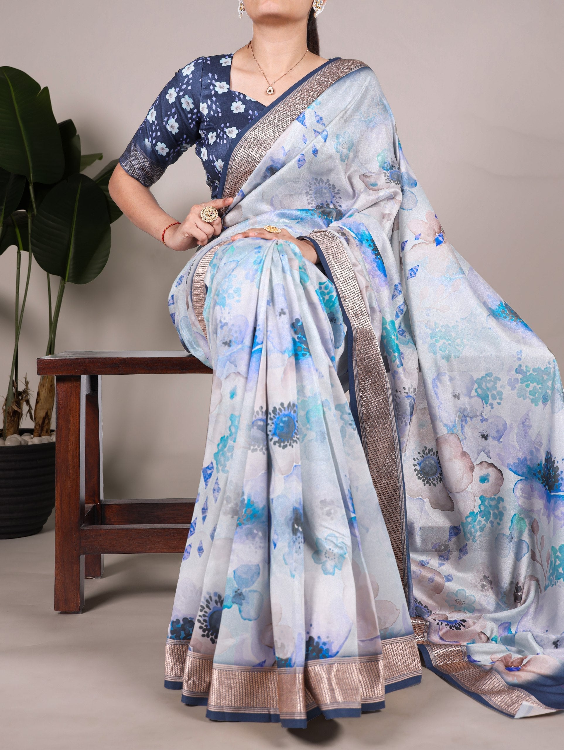 Sky Blue Elegant Floral Printed Tussar Silk Saree with Viscose Border