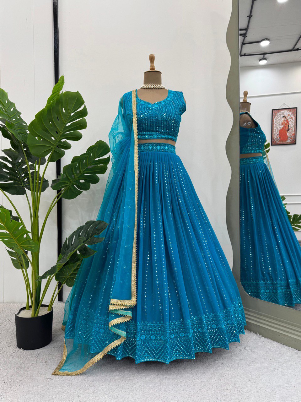 Sky Blue Elegant Fox Georgette Semi-Stitched Lehenga Set with Sequin Embroidery & Butterfly Net Dupatta